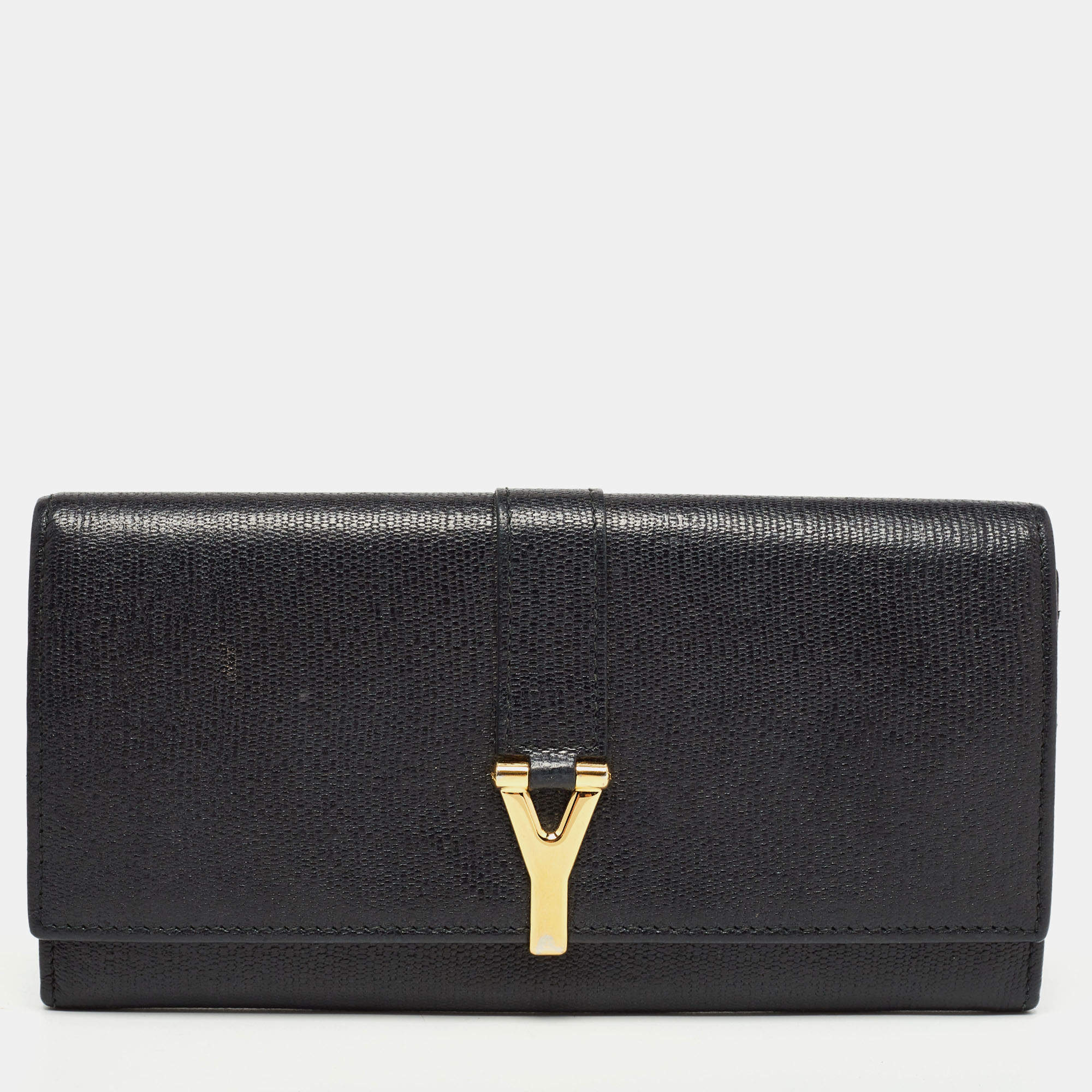 Pre Owned Yves Saint Laurent Black Leather Y Line Flap Continental Wallet