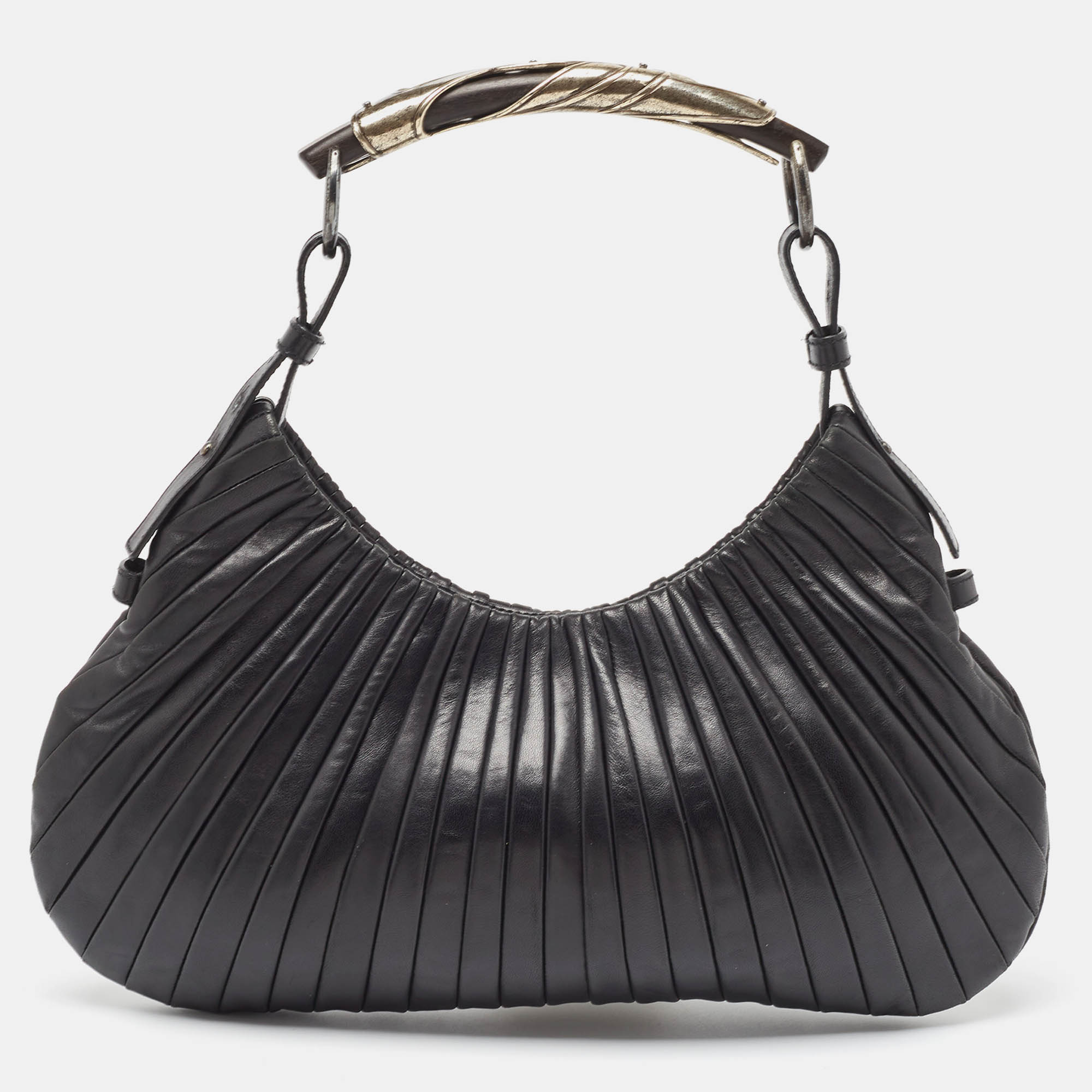 Pre Owned Yves Saint Laurent Black Leather Pleated Mombasa Hobo