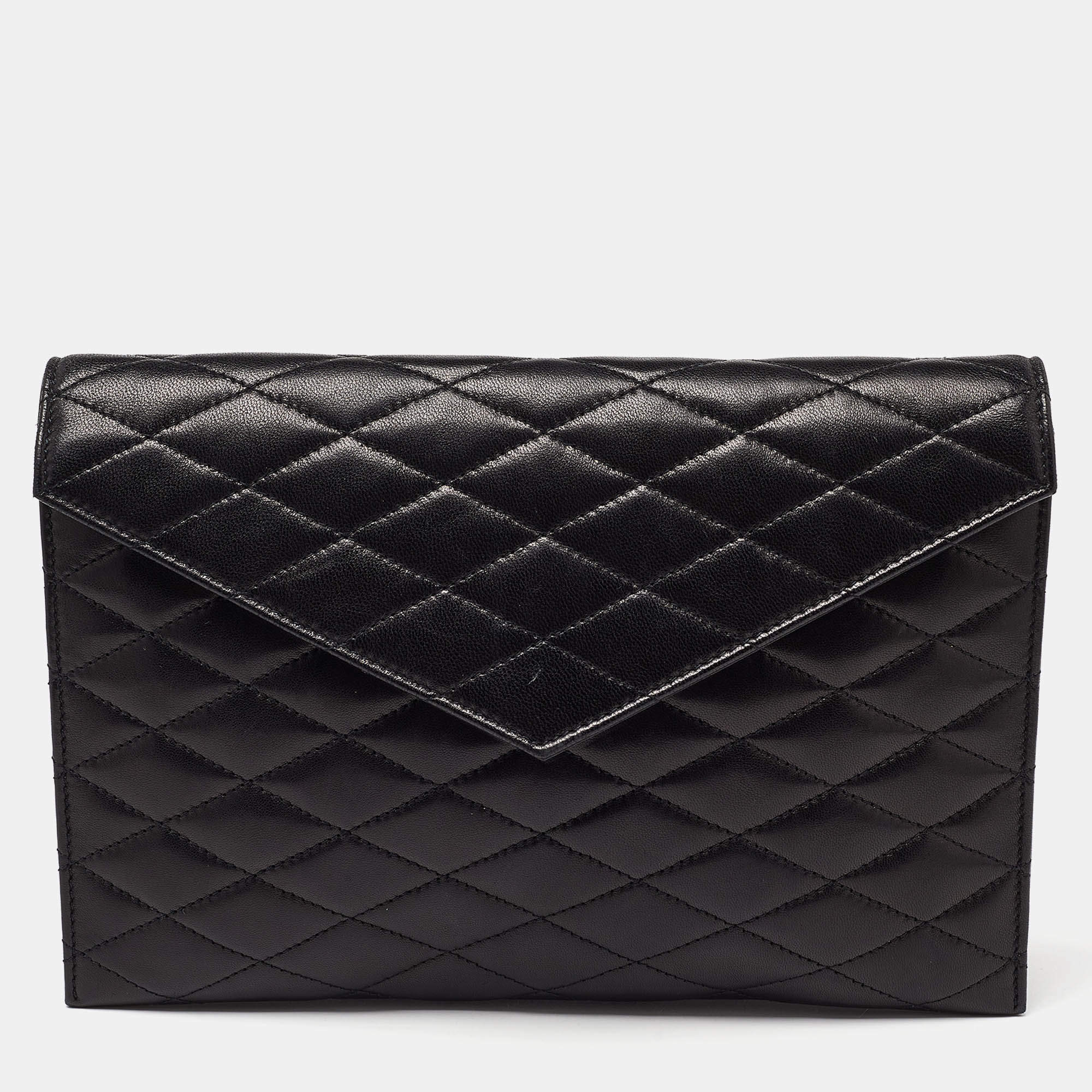 Pre Owned Saint Laurent Black Quilted Leather Envelope Pouch