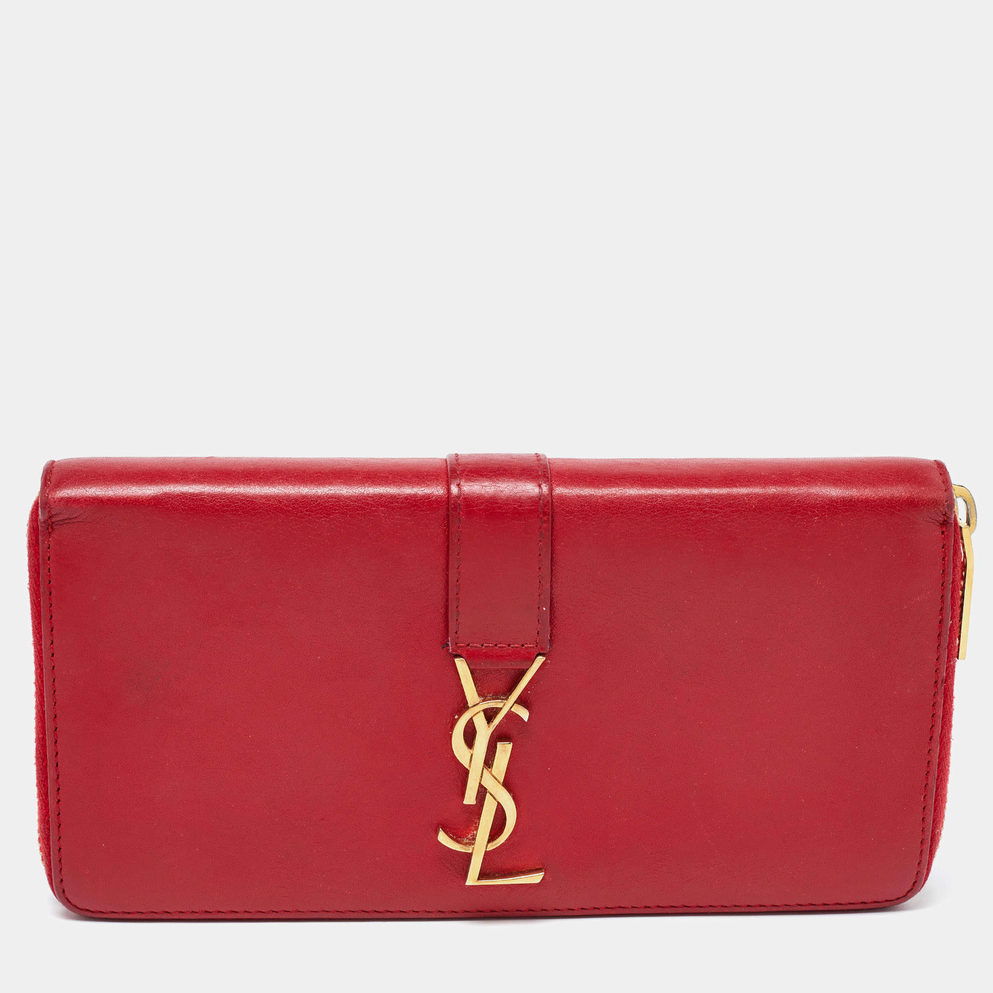 Saint Laurent Red Leather Monogram Zip Around Wallet