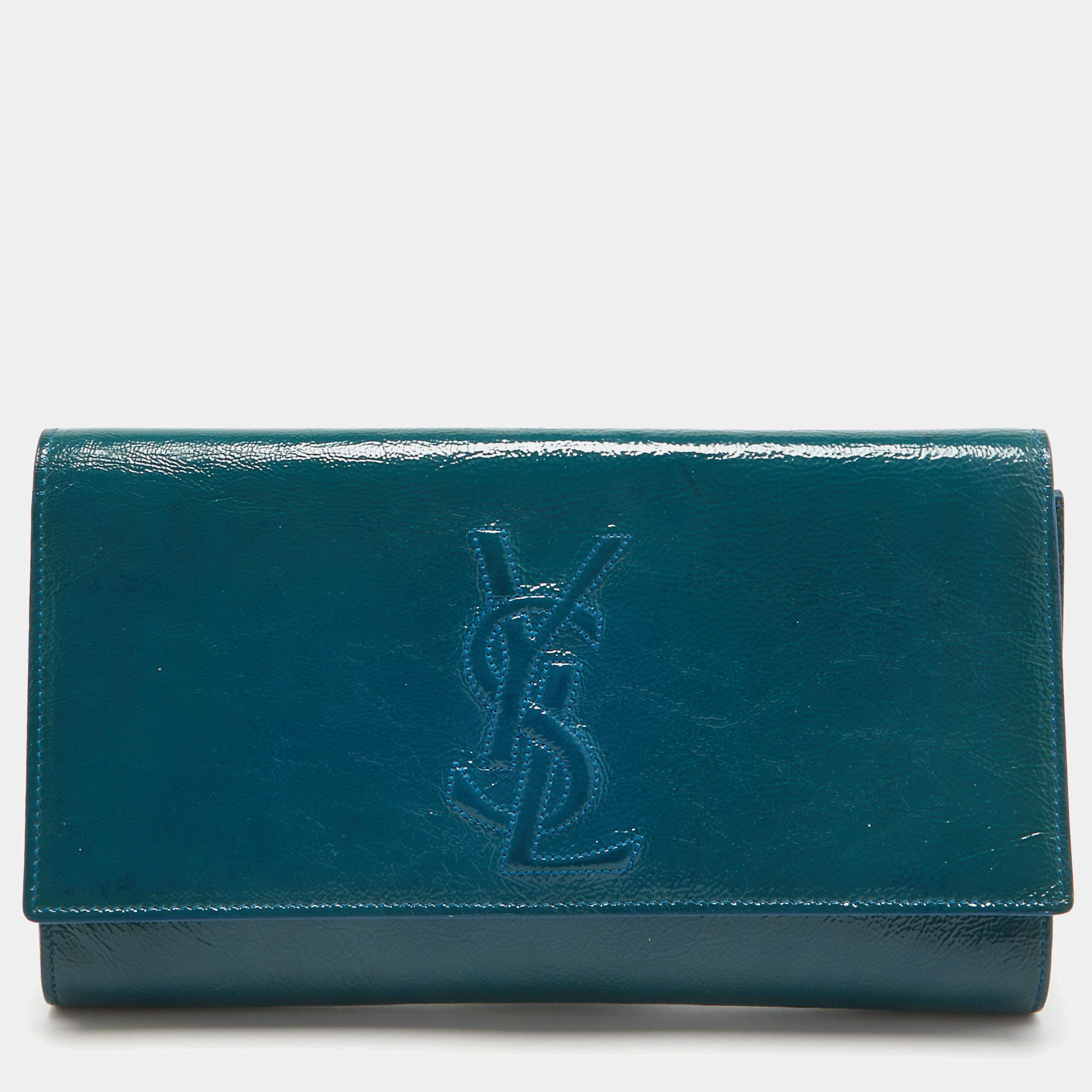 Pre Owned Yves Saint Laurent Teal Patent Leather Belle De Jour Flap Clutch