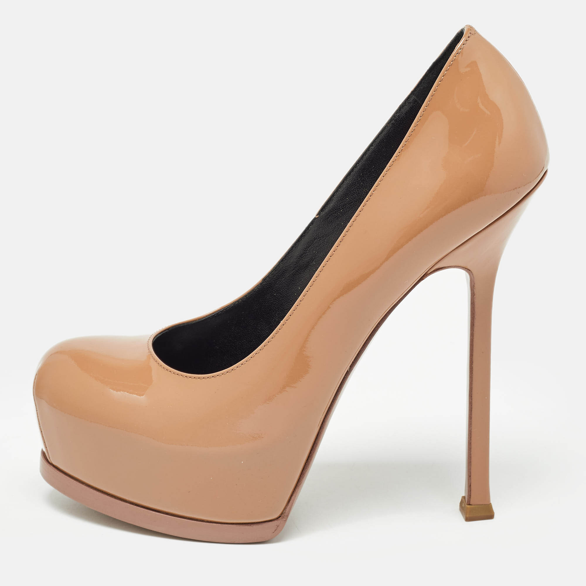 Pre Owned Yves Saint Laurent Beige Patent Tribtoo Pumps Size 36