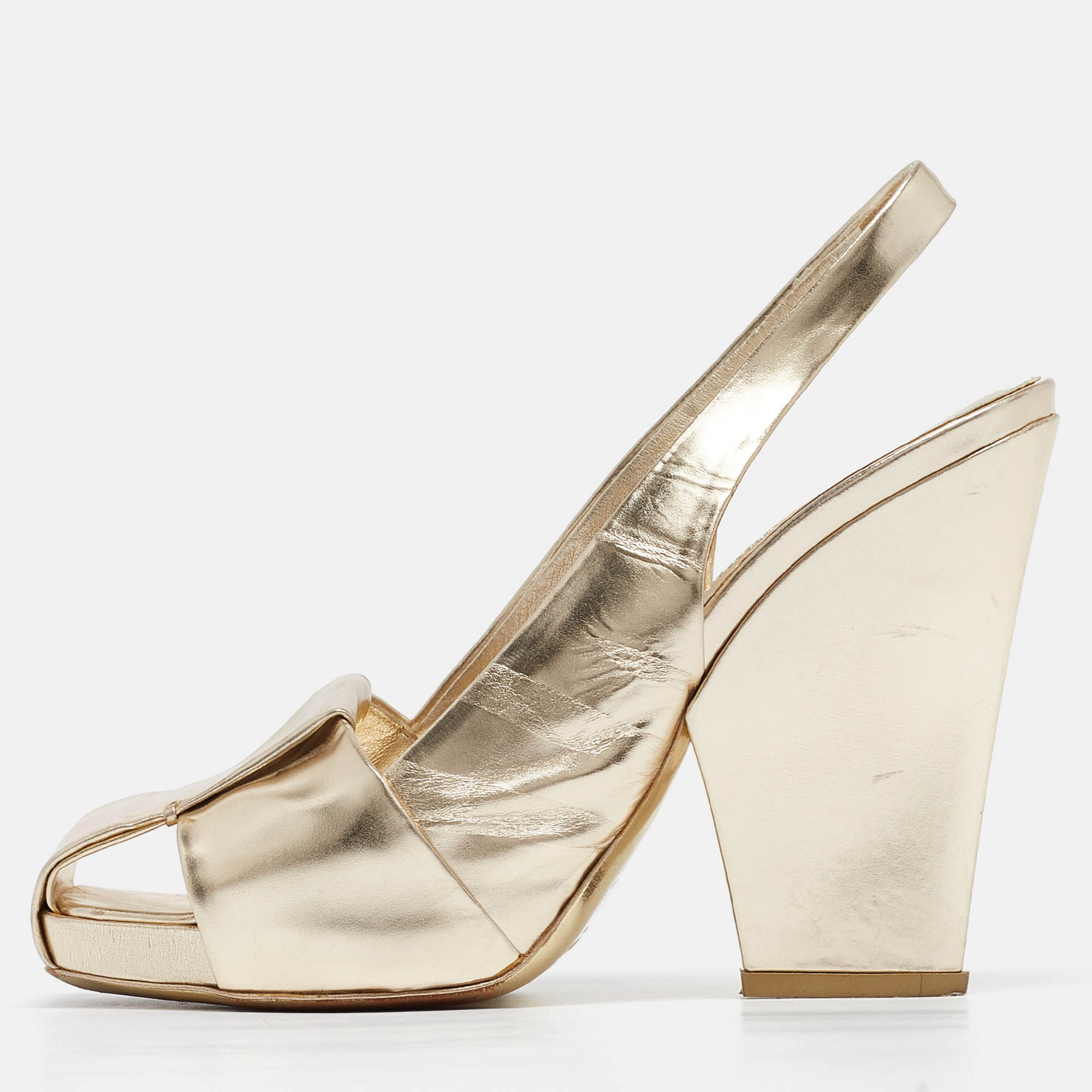 Pre Owned Yves Saint Laurent Gold Leather Cut Out Slingback Pumps Size 38