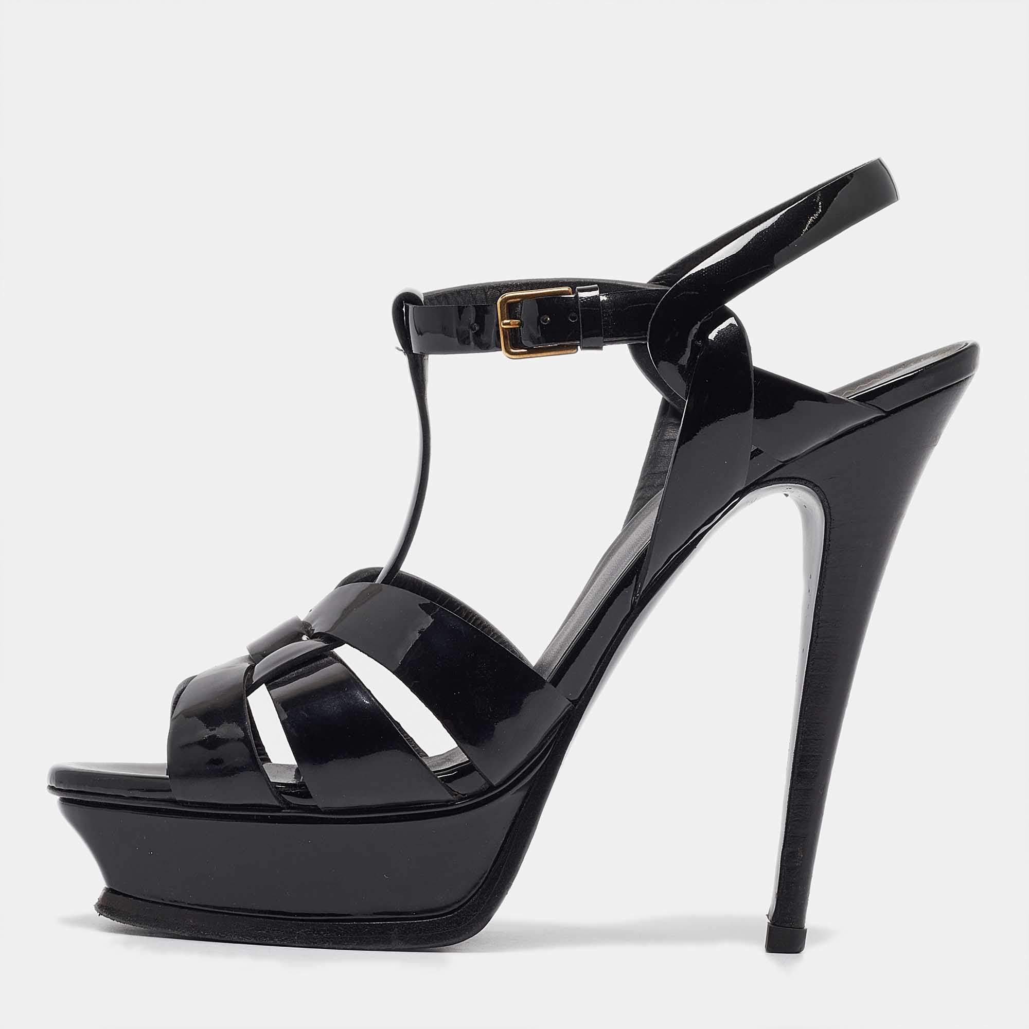 مملوكة مسبقًا Yves Saint Laurent Black Patent Leather Tribute Sandals Size 39