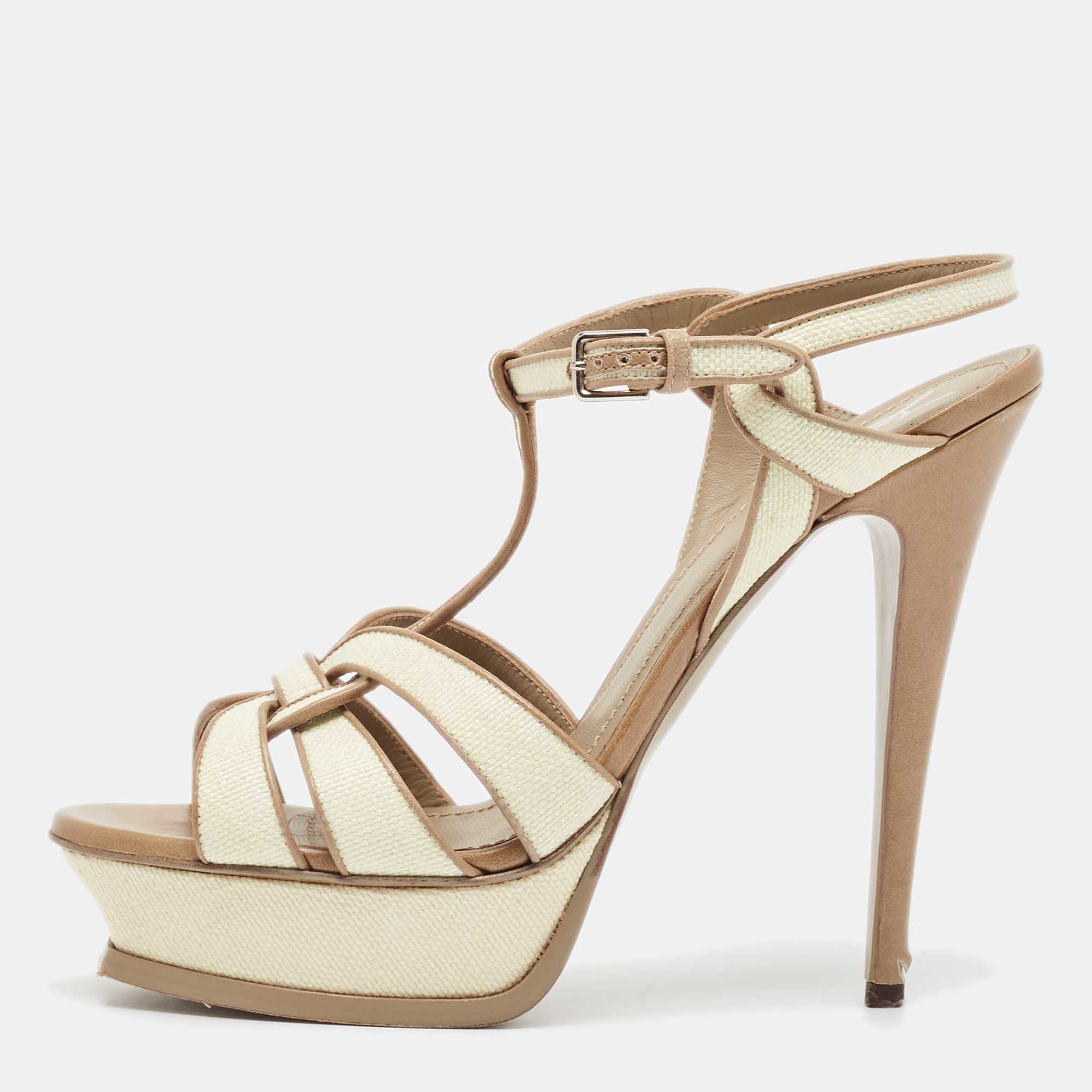 مملوكة مسبقًا Yves Saint Laurent Cream/Brown Raffia and Leather Tribute Sandals Size 41