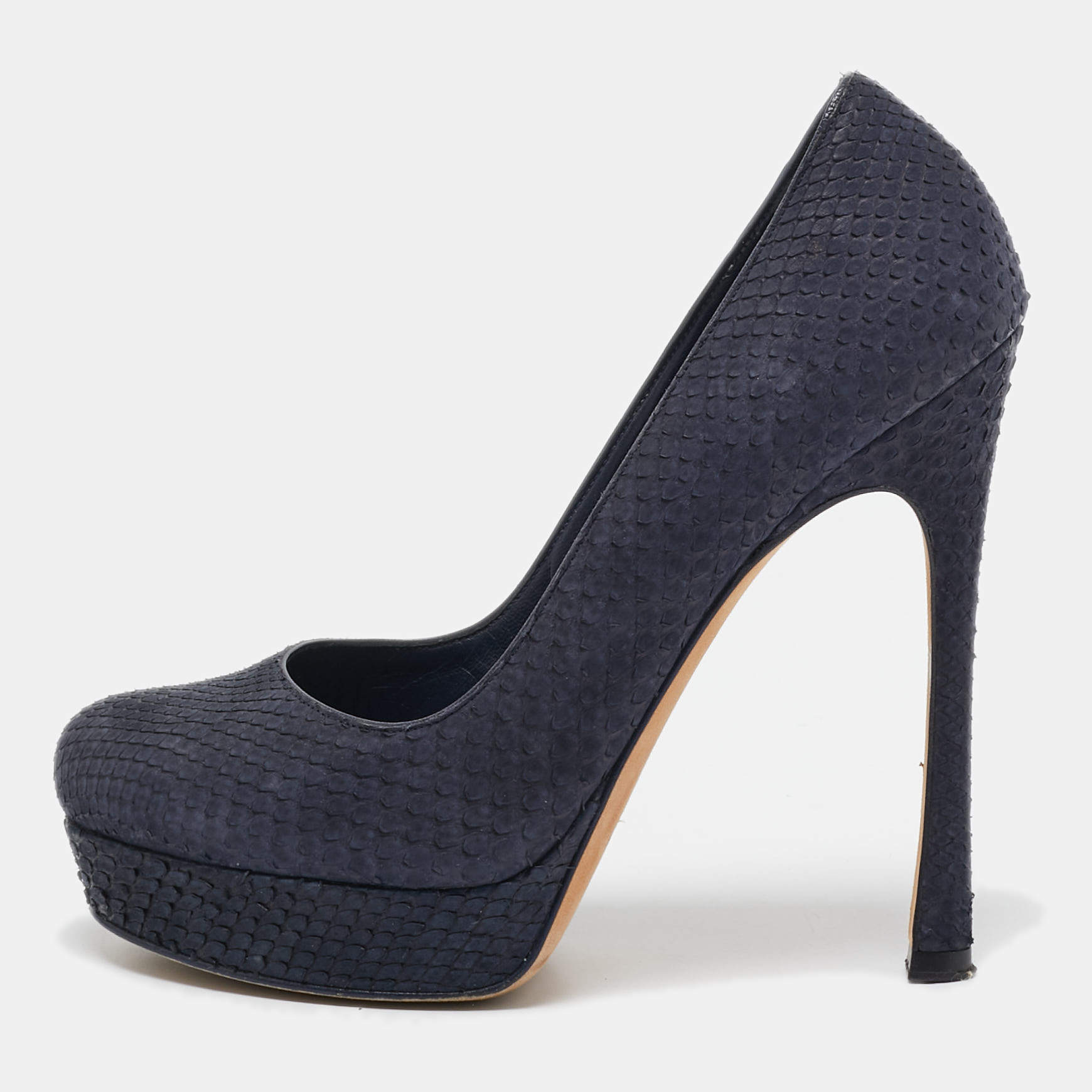 Pre Owned Yves Saint Laurent Navy Blue Python Leather Platform Pumps 37.5