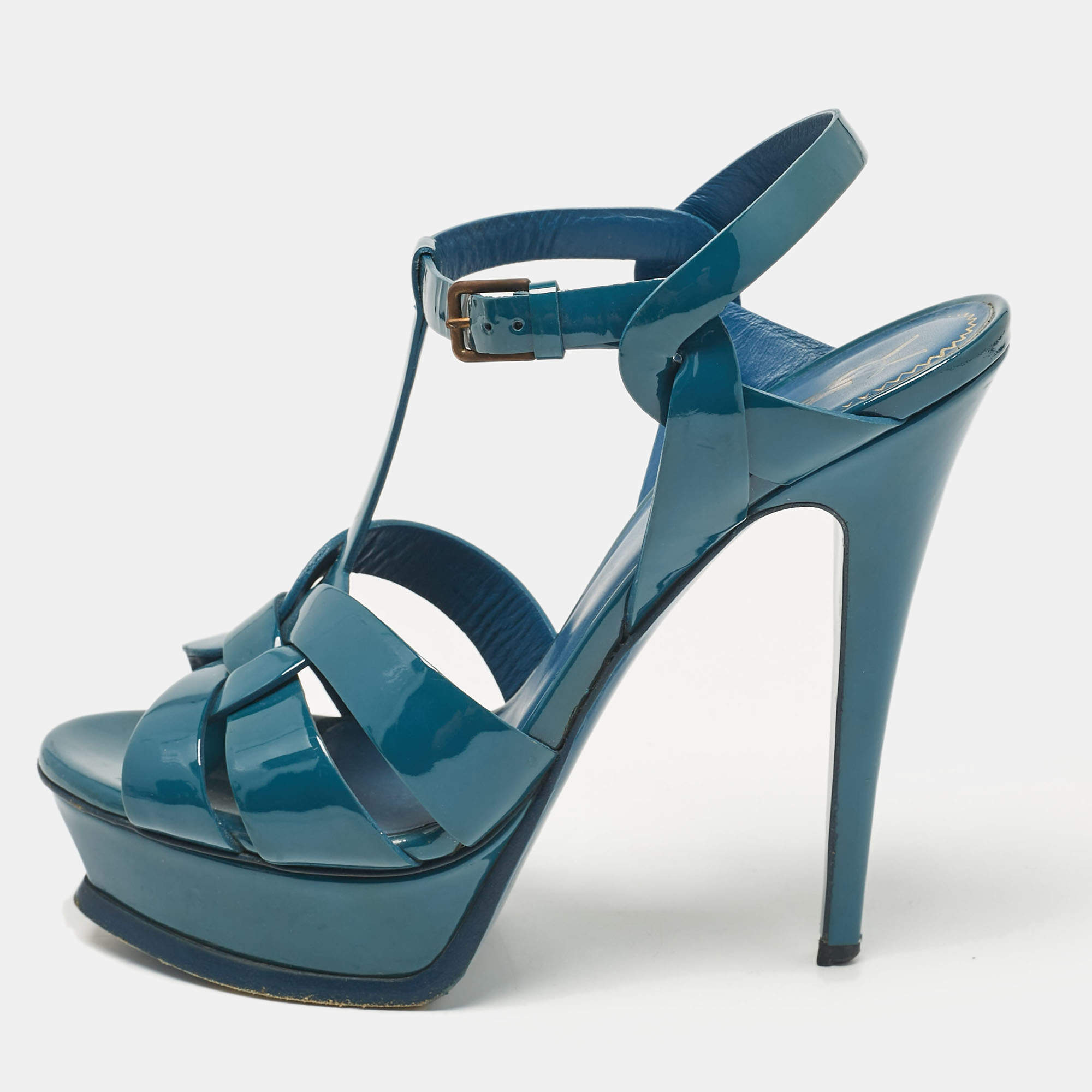 Yves Saint Laurent Teal Patent Leather Tribute Sandals Size 37.5