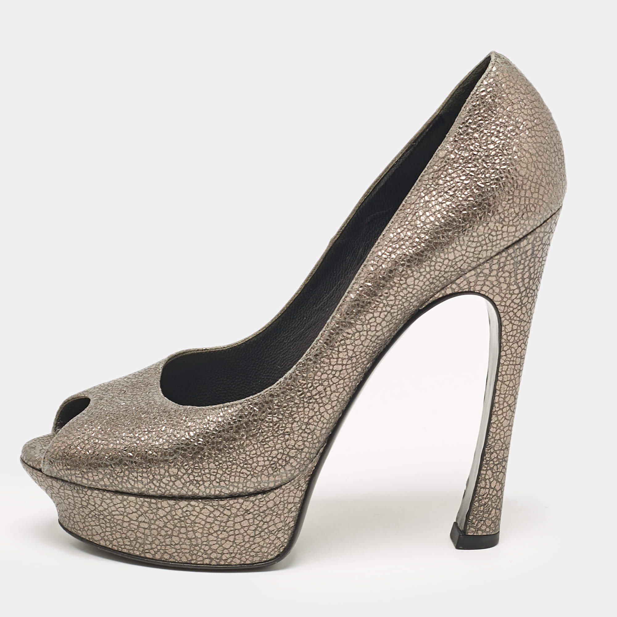 Yves Saint Laurent Grey Textured Leather Palais Peep Toe Pumps Size 41