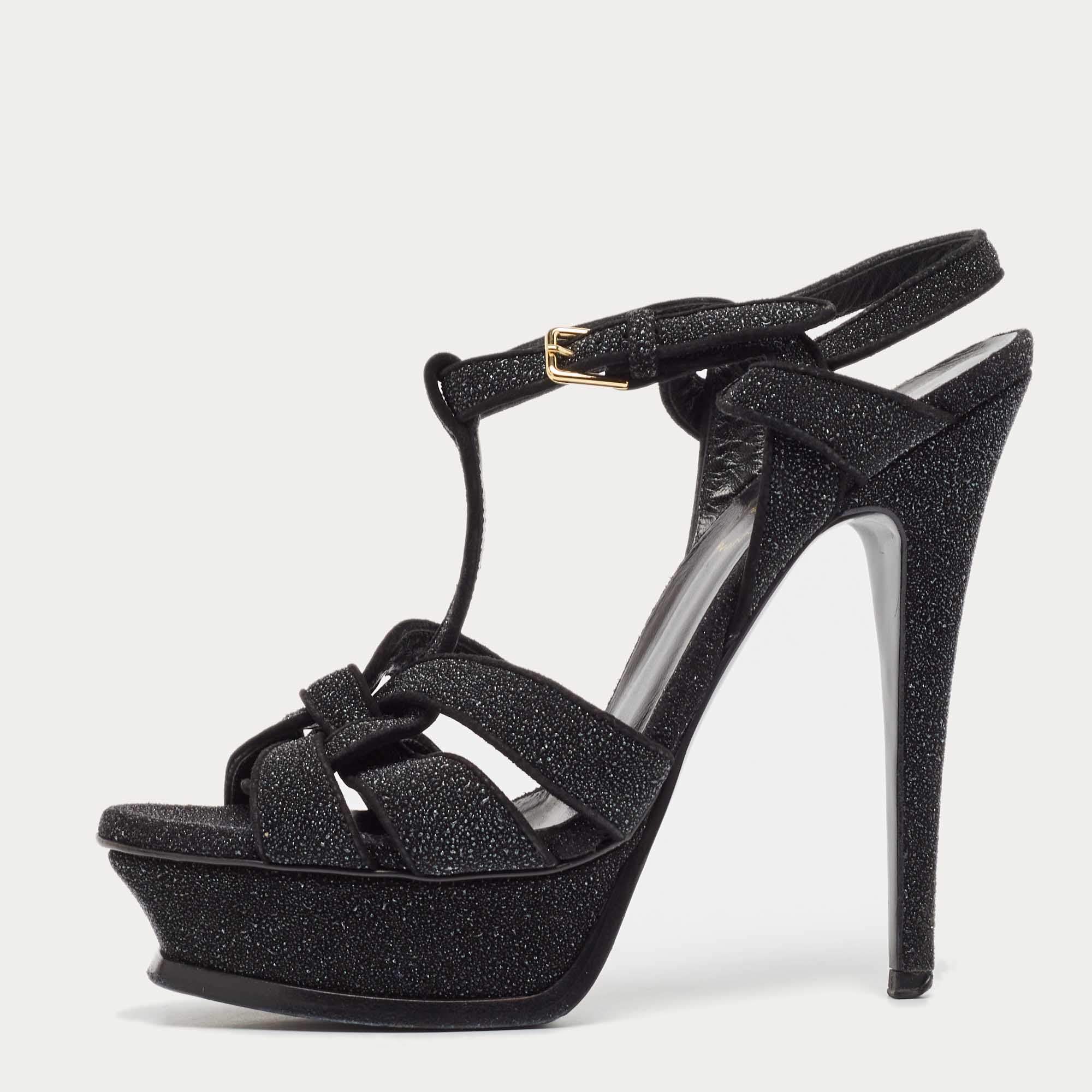 مملوكة مسبقًا Yves Saint Laurent Black Glitter Suede Tribute Platform Sandals Size 36.5