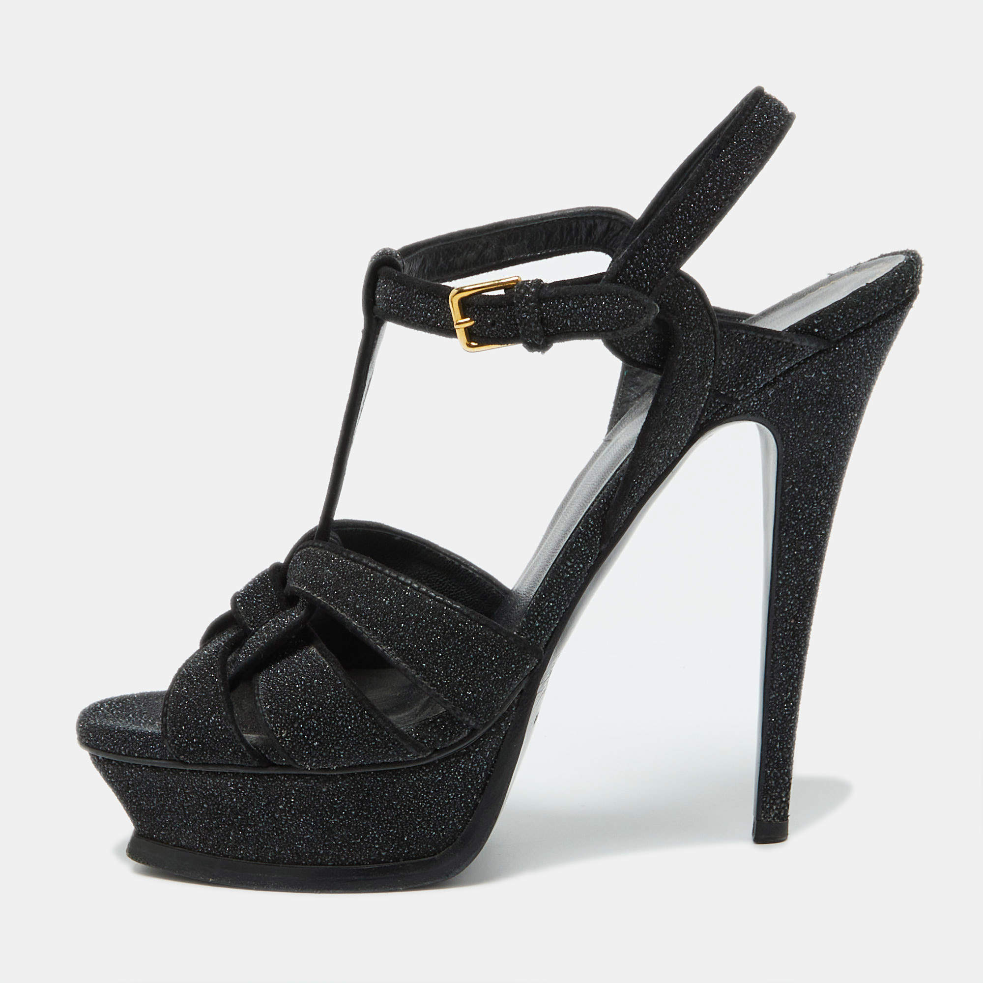 Yves Saint Laurent Black Glitter Suede Tribute Platform Sandals Size 39.5