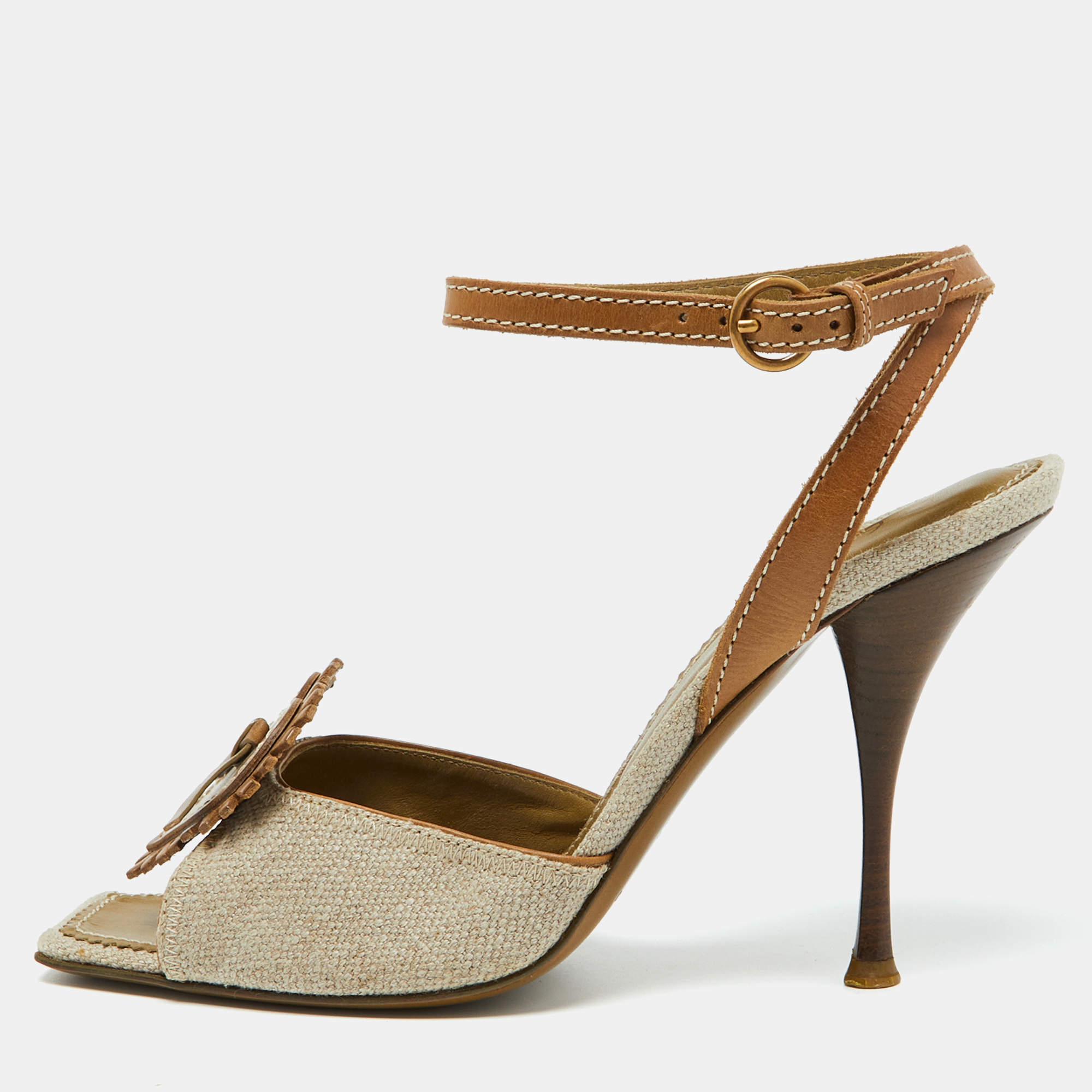 Pre Owned Yves Saint Laurent Beige/Brown Canvas and Leather Ankle Strap Sandals Size 39.5