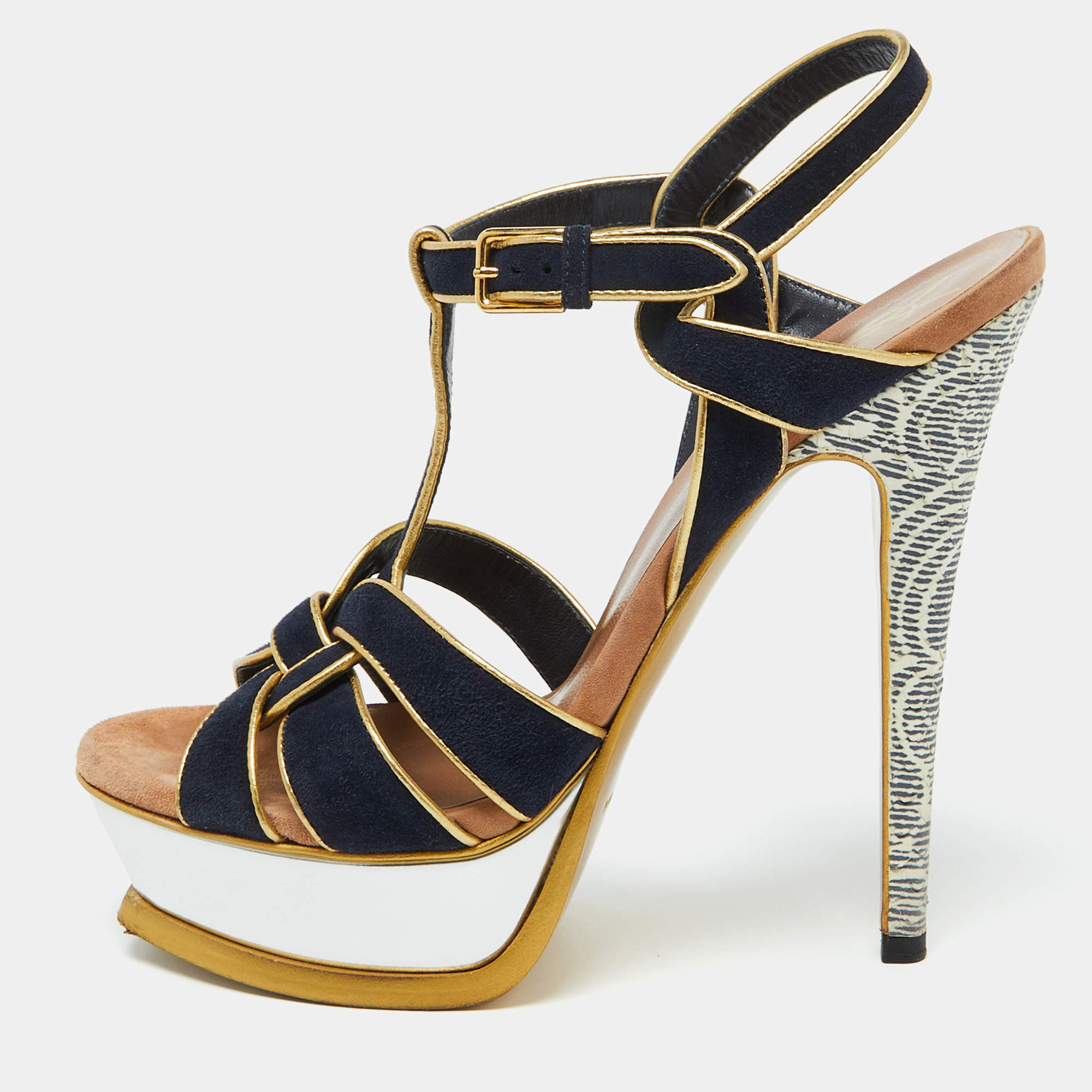 مملوكة مسبقًا Yves Saint Laurent Navy Blue/Gold Suede Tribute Platform Sandals Size 36