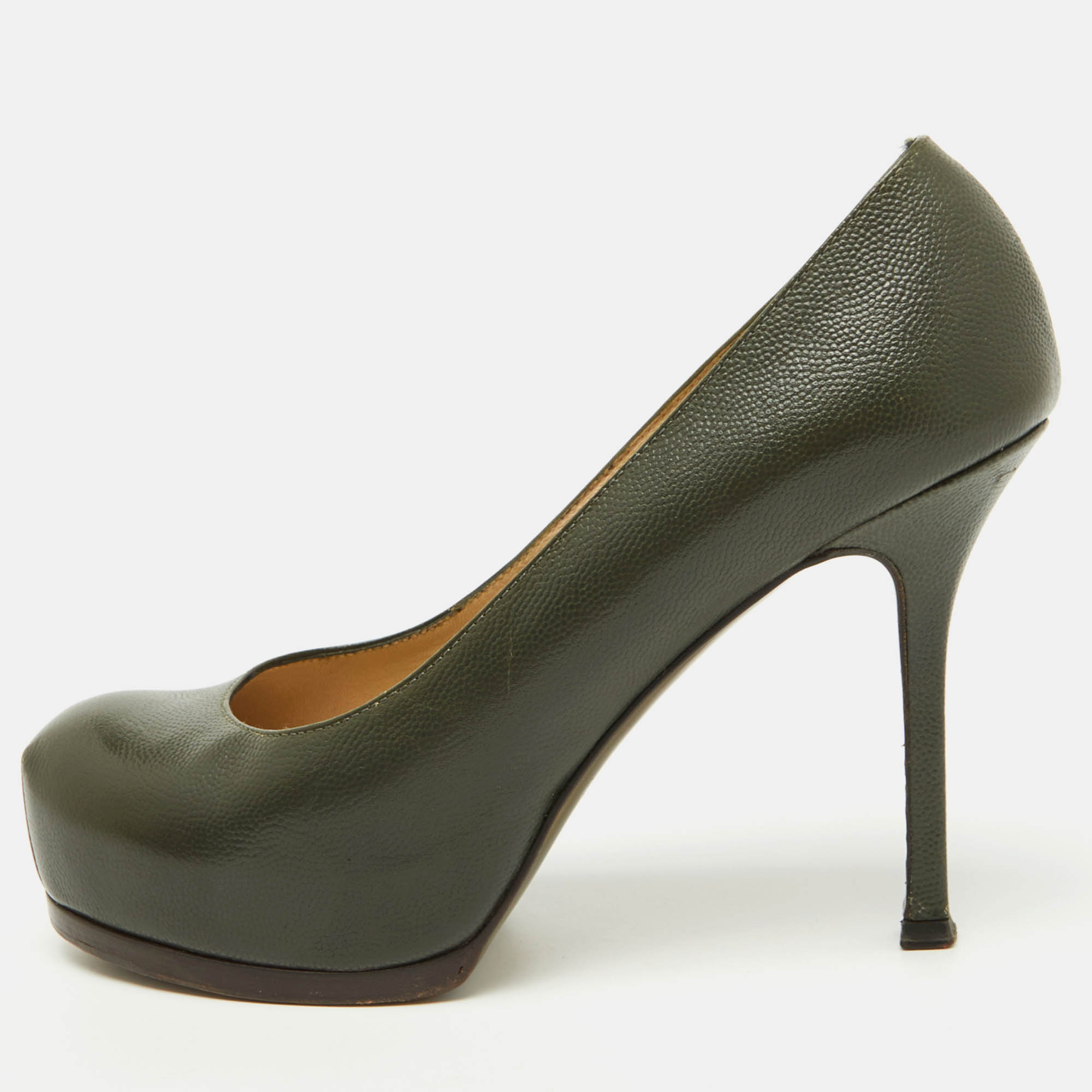 Pre Owned Yves Saint Laurent Olive Green Leather Tribtoo Platform Pumps Size 36.5