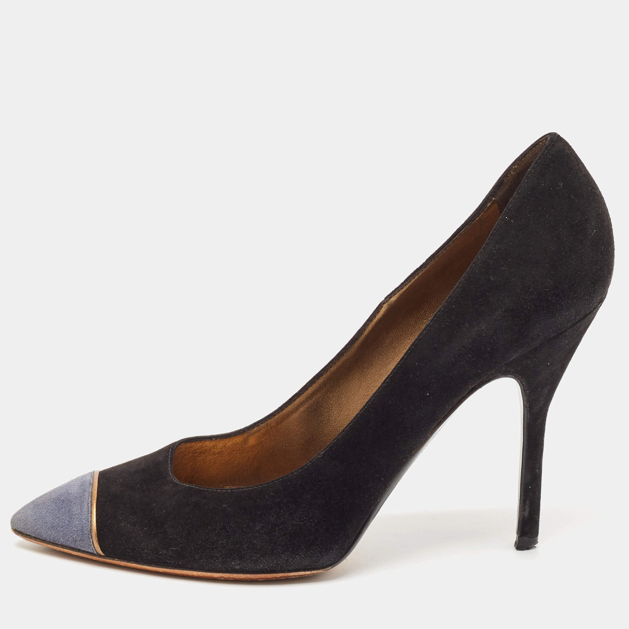 Yves Saint Laurent Black Suede Cap Toe Pointed Toe Pumps Size 38.5