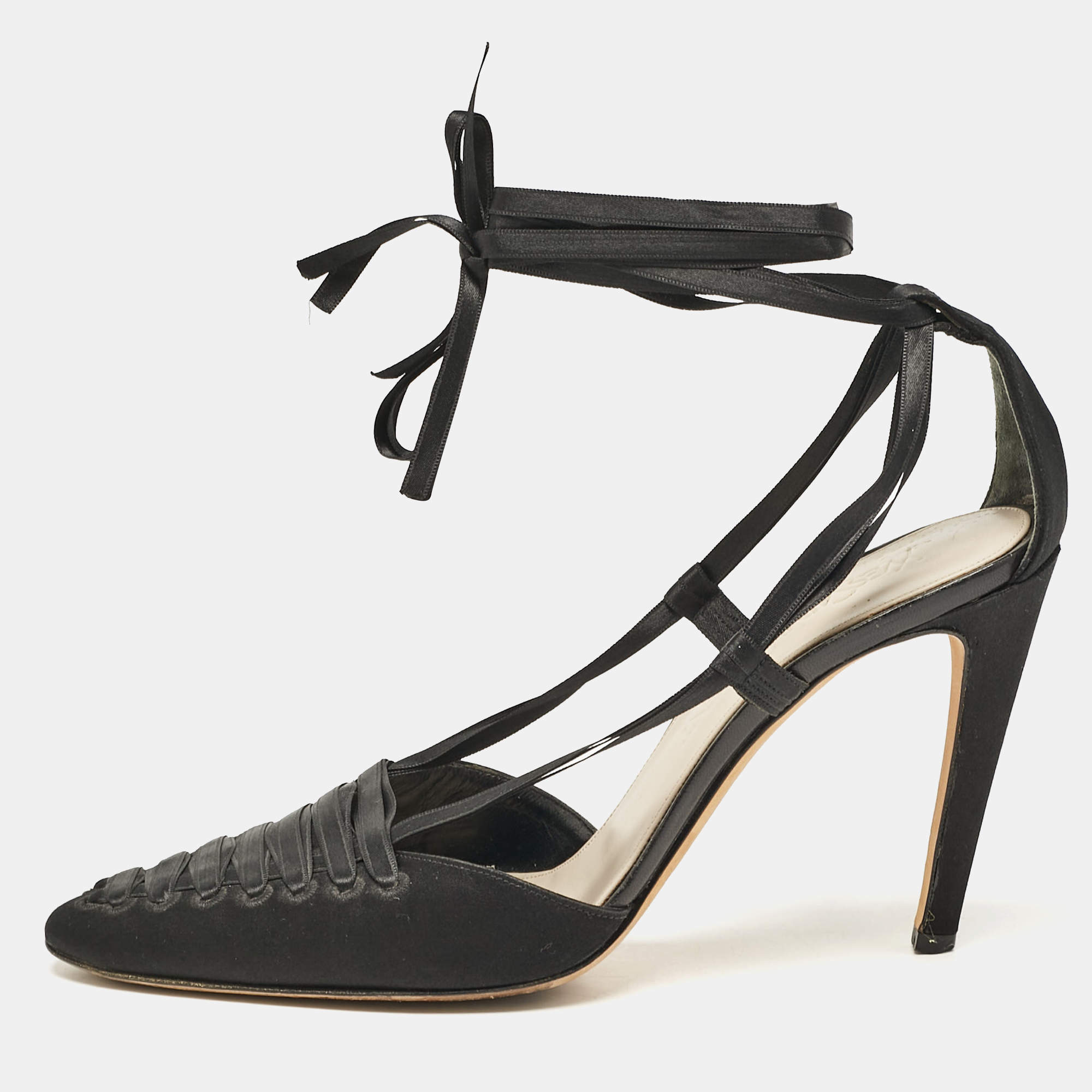 مملوكة مسبقًا Yves Saint Laurent Black Satin Ankle Wrap Sandals Size 38.5