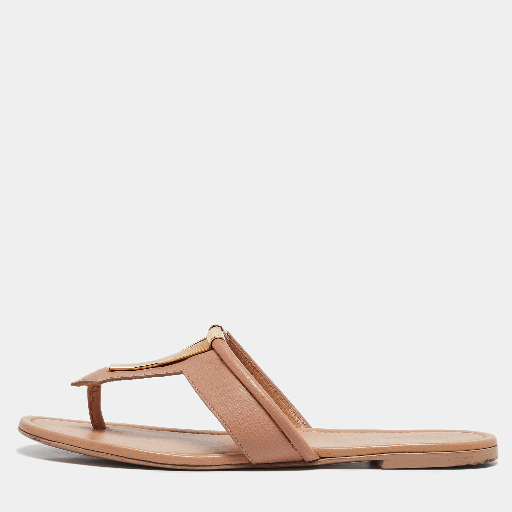 Yves Saint Laurent Beige Leather Ycon Thong Flats Size 38