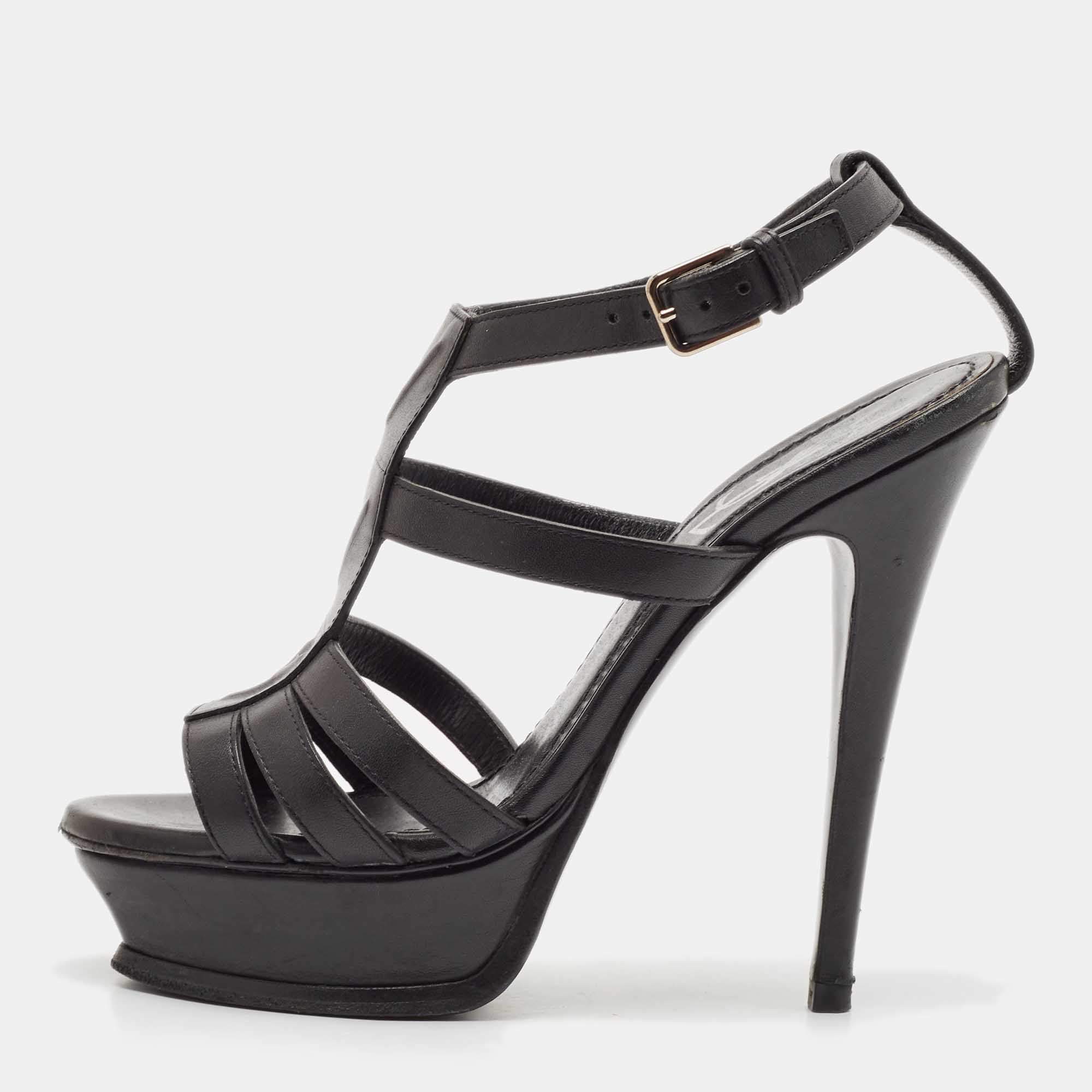 Saint Laurent Black Leather New Riveg Platform Sandals Size 36