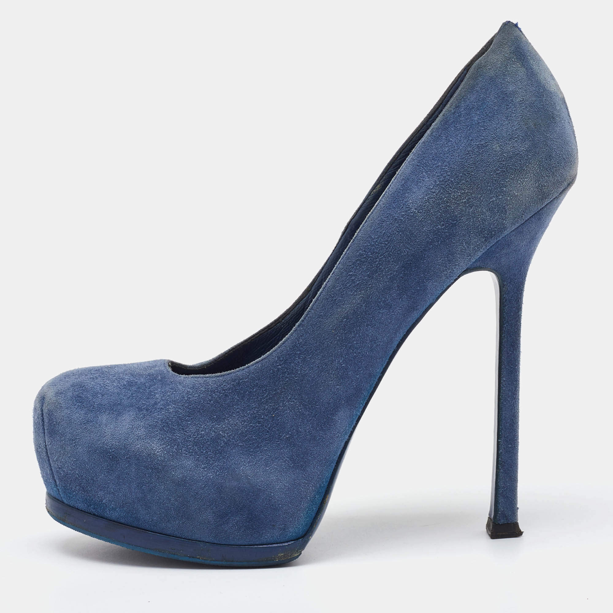 Pre Owned Yves Saint Laurent Blue Suede Tribtoo Platform Pumps Size 36.5