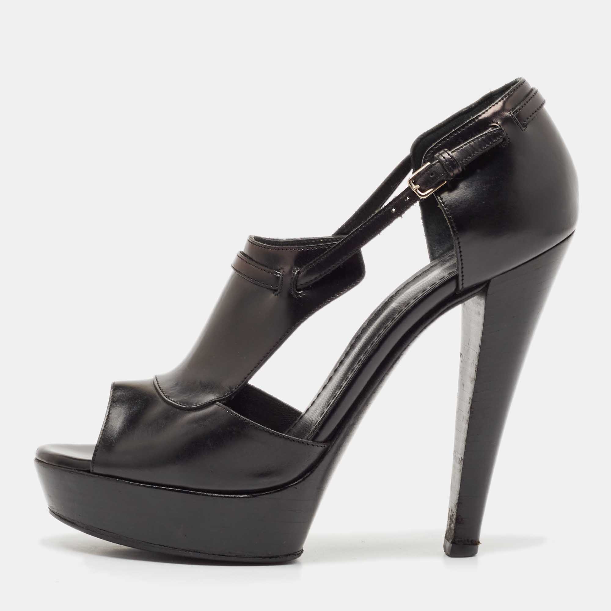 Yves Saint Laurent Black Leather T-Strap Platform Sandals Size 36