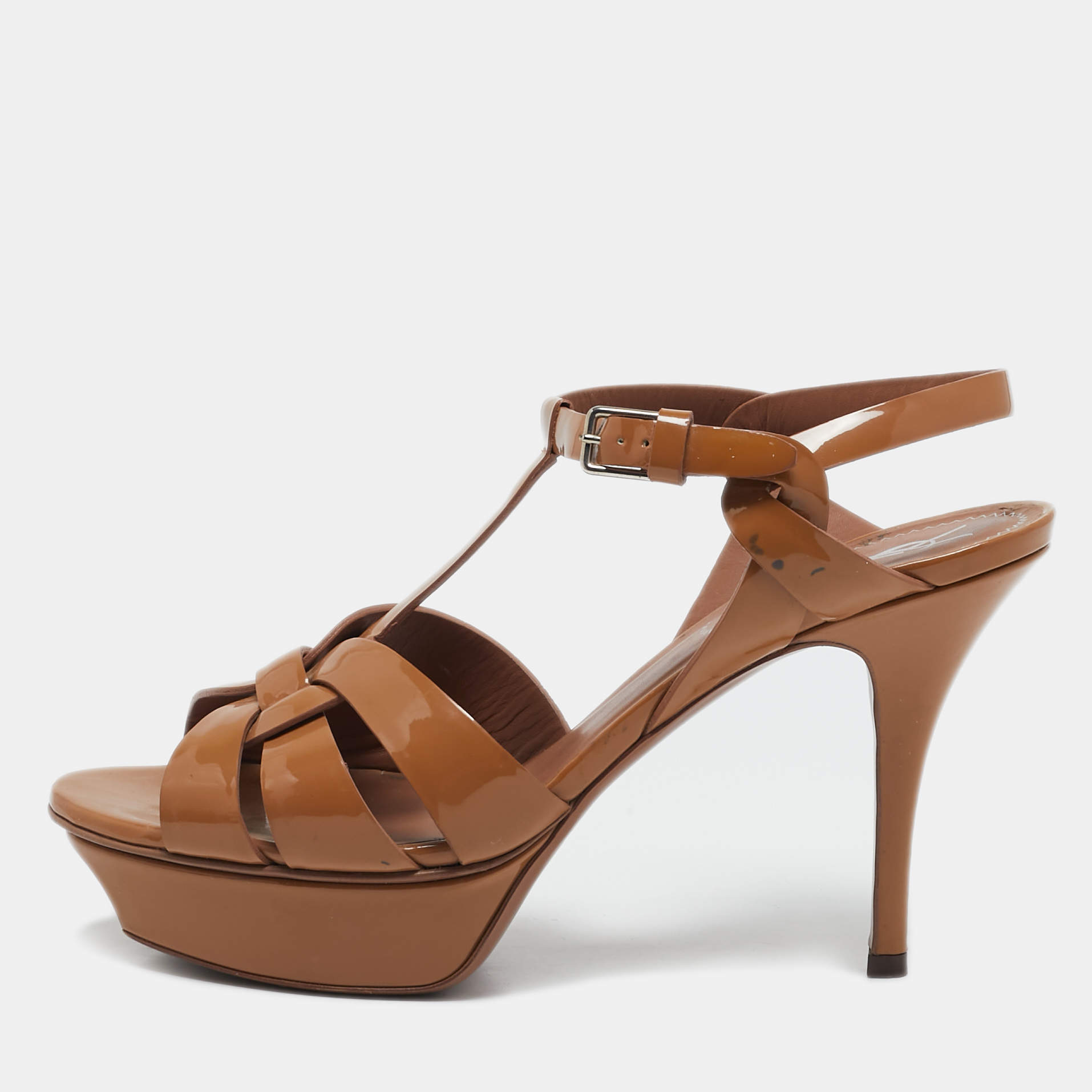 مملوكة مسبقًا Yves Saint Laurent Brown Patent Leather Tribute Platform Sandals Size 38.5