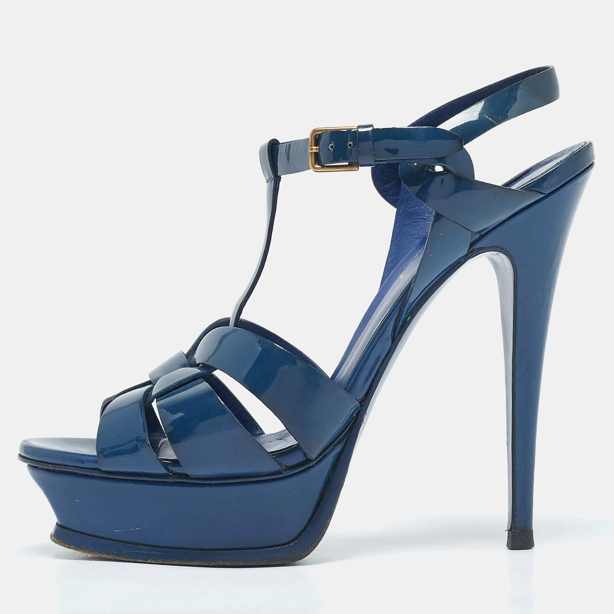 Yves Saint Laurent Blue Patent Leather Tribute Platform Sandals Size 39