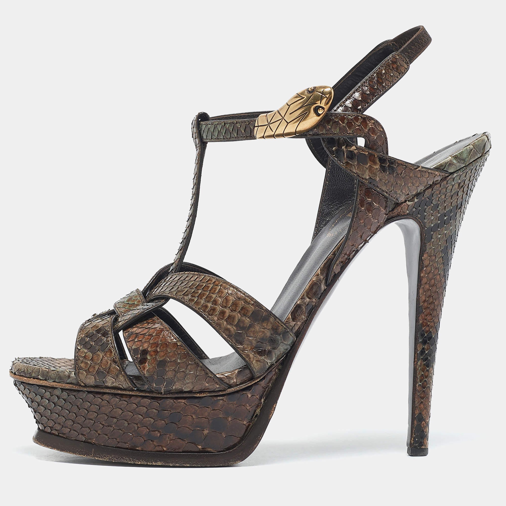 Yves Saint Laurent Brown Python Leather Platform Sandals Size 39