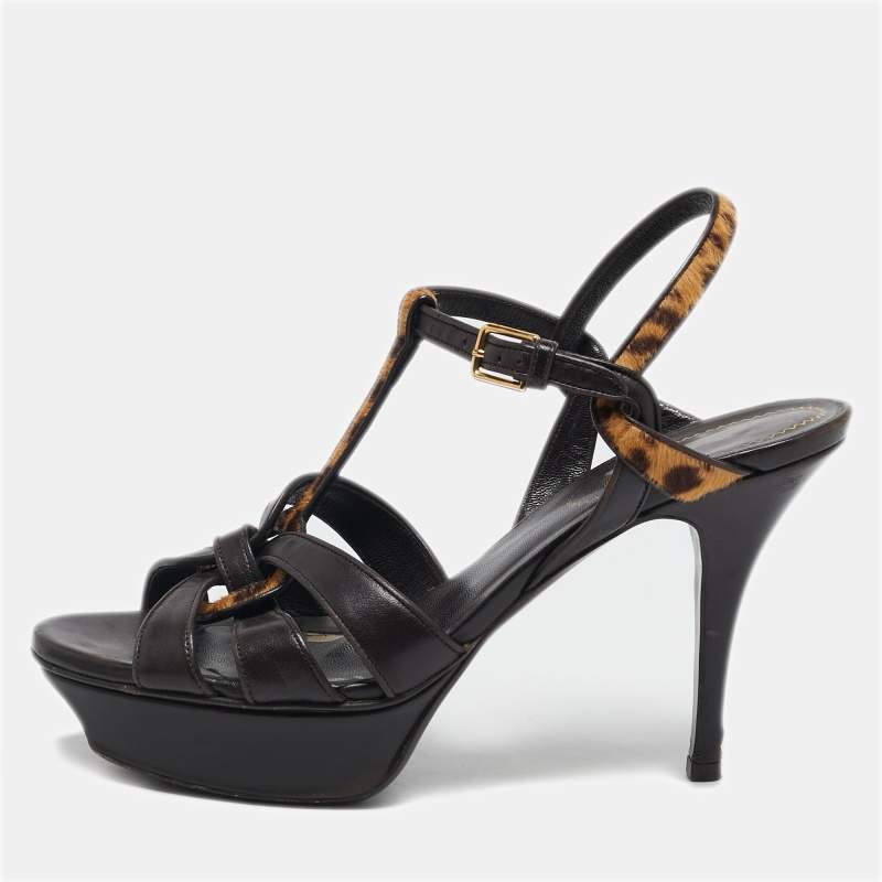Yves Saint Laurent Brown/Beige Calf Hair and Leather Tribute Ankle Strap Sandals Size 37