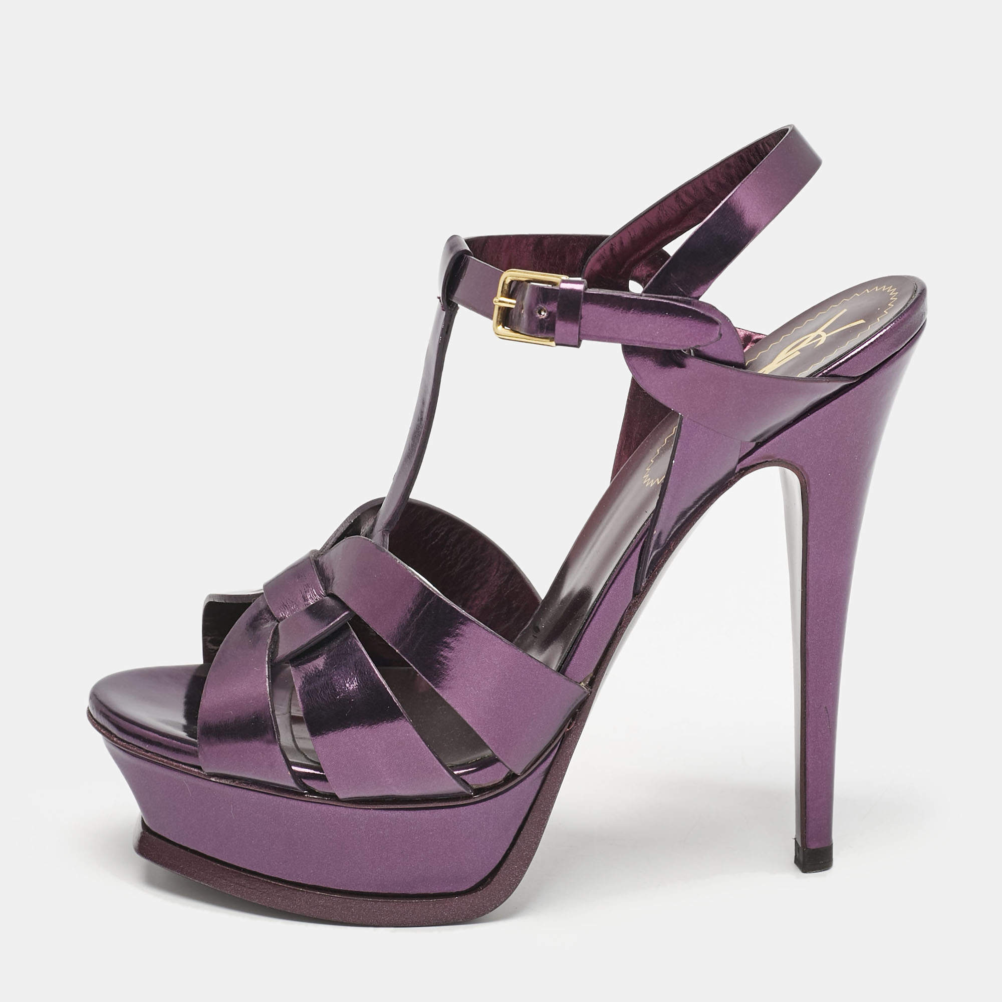 Pre Owned صندل إيف سان لوران تريبوت جلد بنفسجي ميتاليك نعل سميك مقاس 37