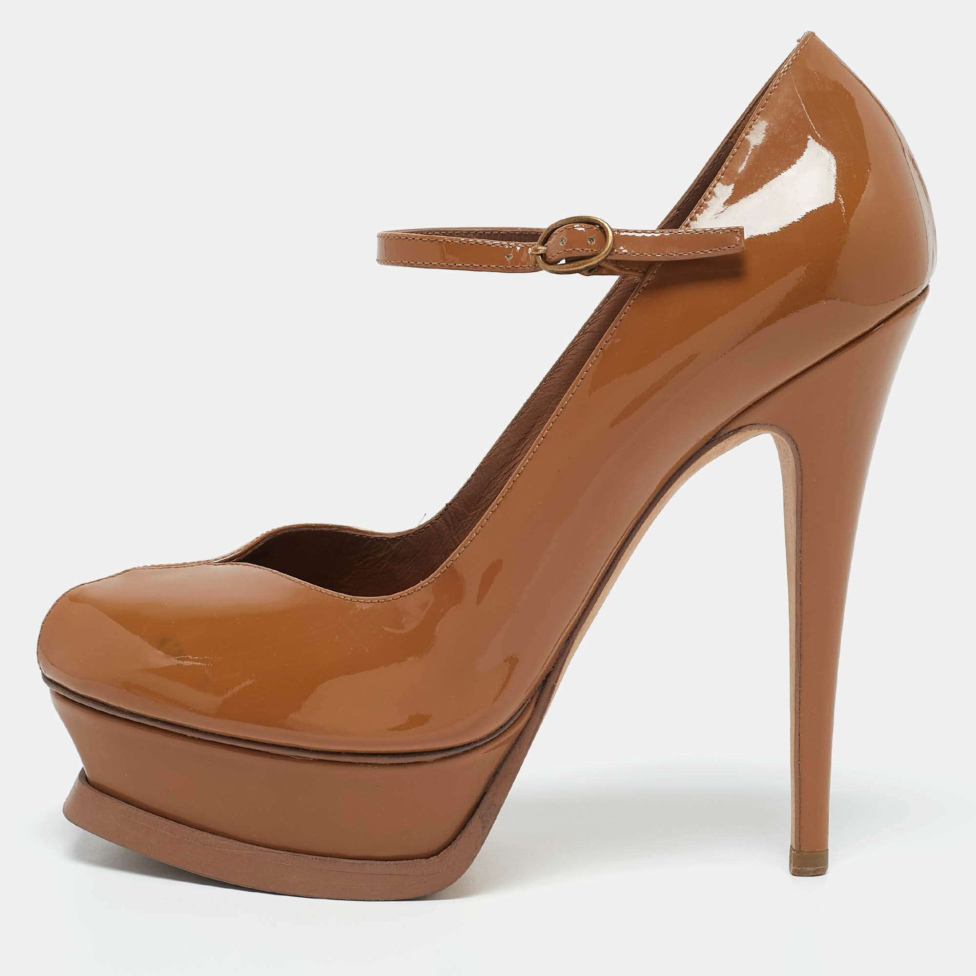Yves Saint Laurent Brown Patent Leather Mary Jane Pumps Size 37.5