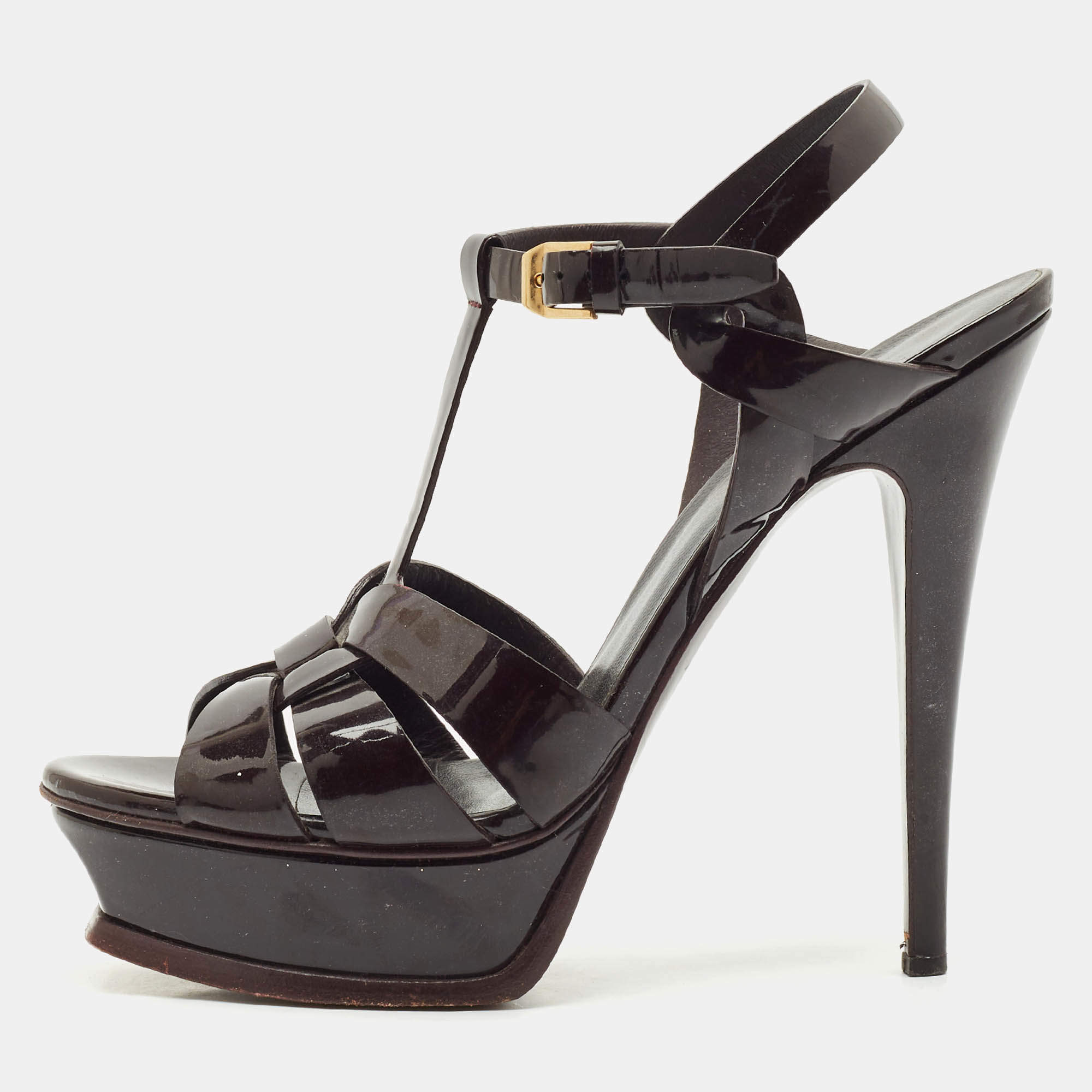 Yves Saint Laurent Burgundy Patent Leather Tribute Platform Sandals Size 38