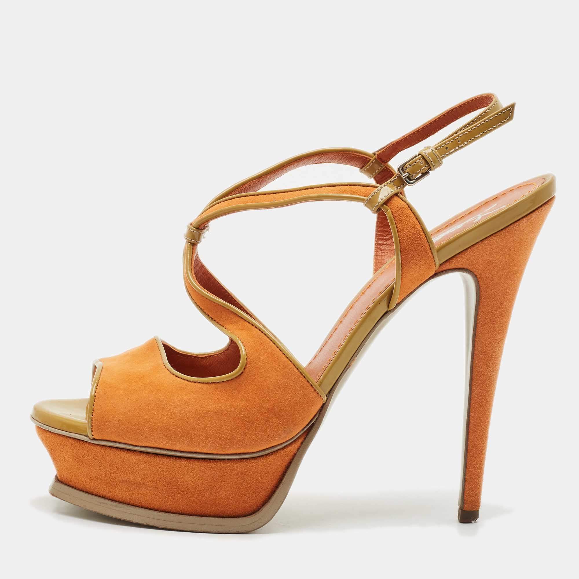 Yves Saint Laurent Orange/Green Suede and Patent Leather Platform Sandals Size 39.5