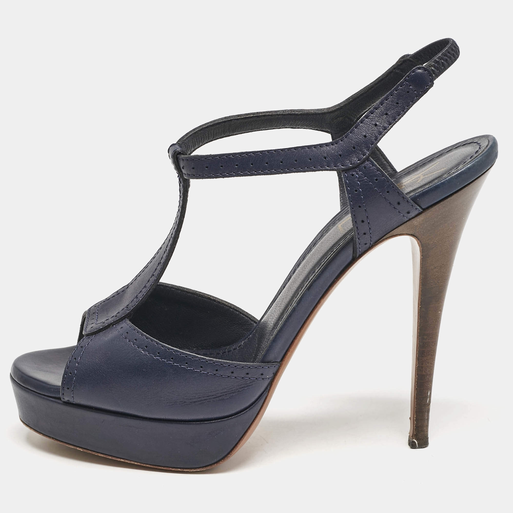 Pre Owned Yves Saint Laurent Navy Blue Leather T Strap Platform Sandals Size 38.5