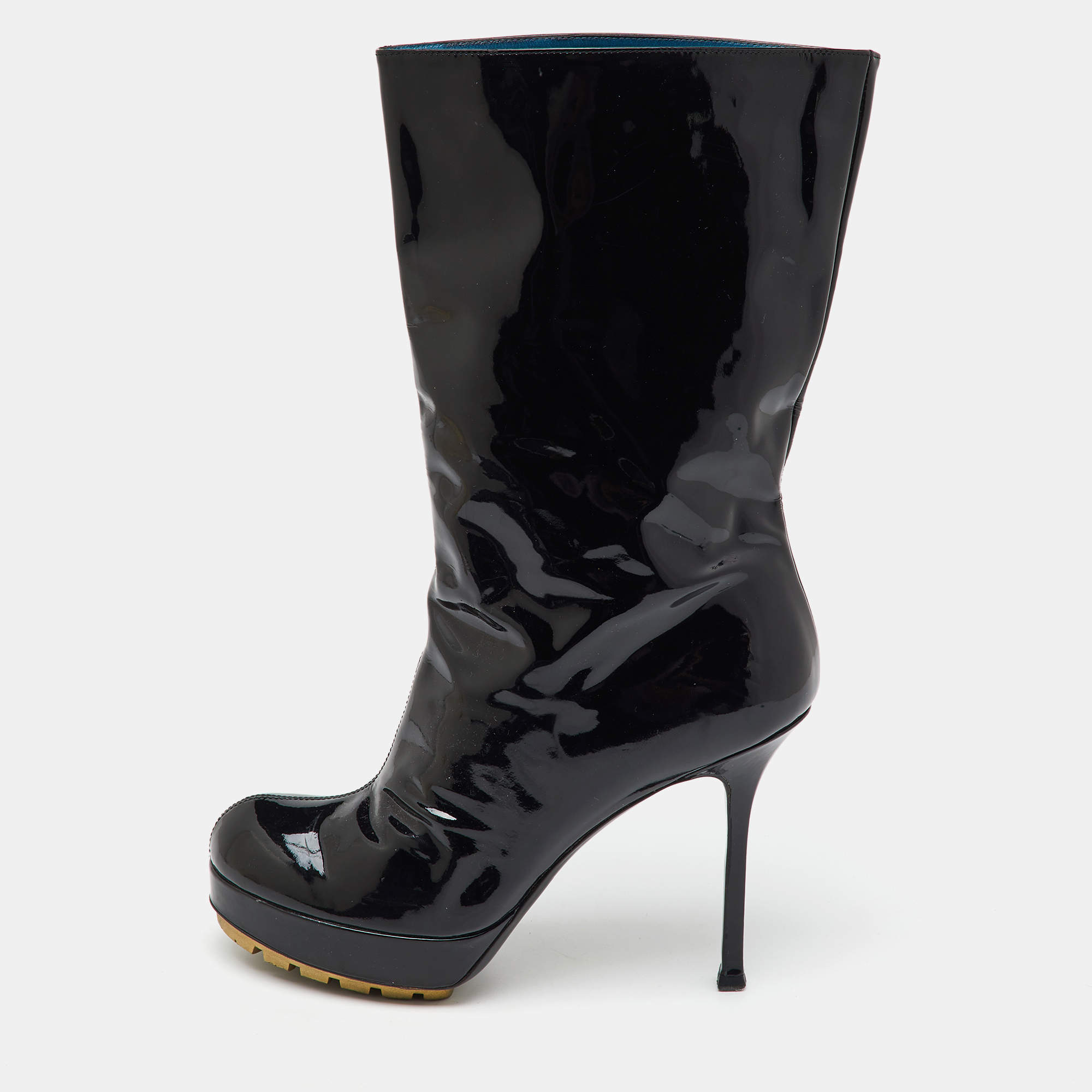 Yves Saint Laurent Black Patent Leather Mid Calf Platform Boots Size 39