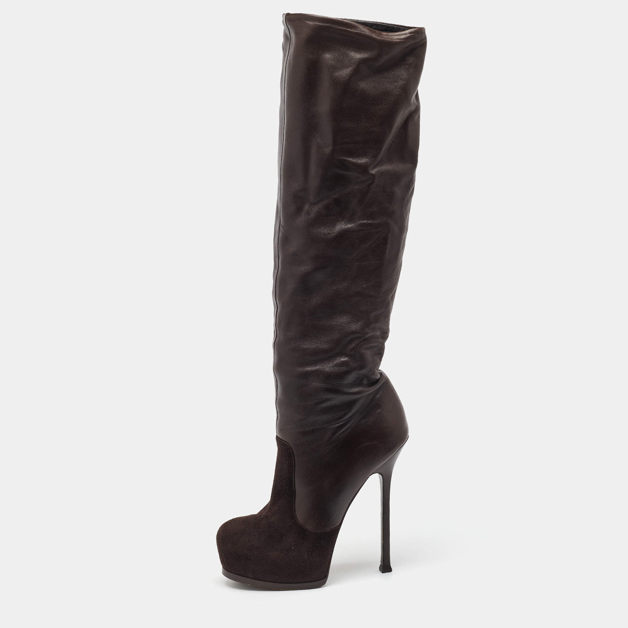 Yves Saint Laurent Dark Brown Suede and Leather Platform Knee High Boots Size 40