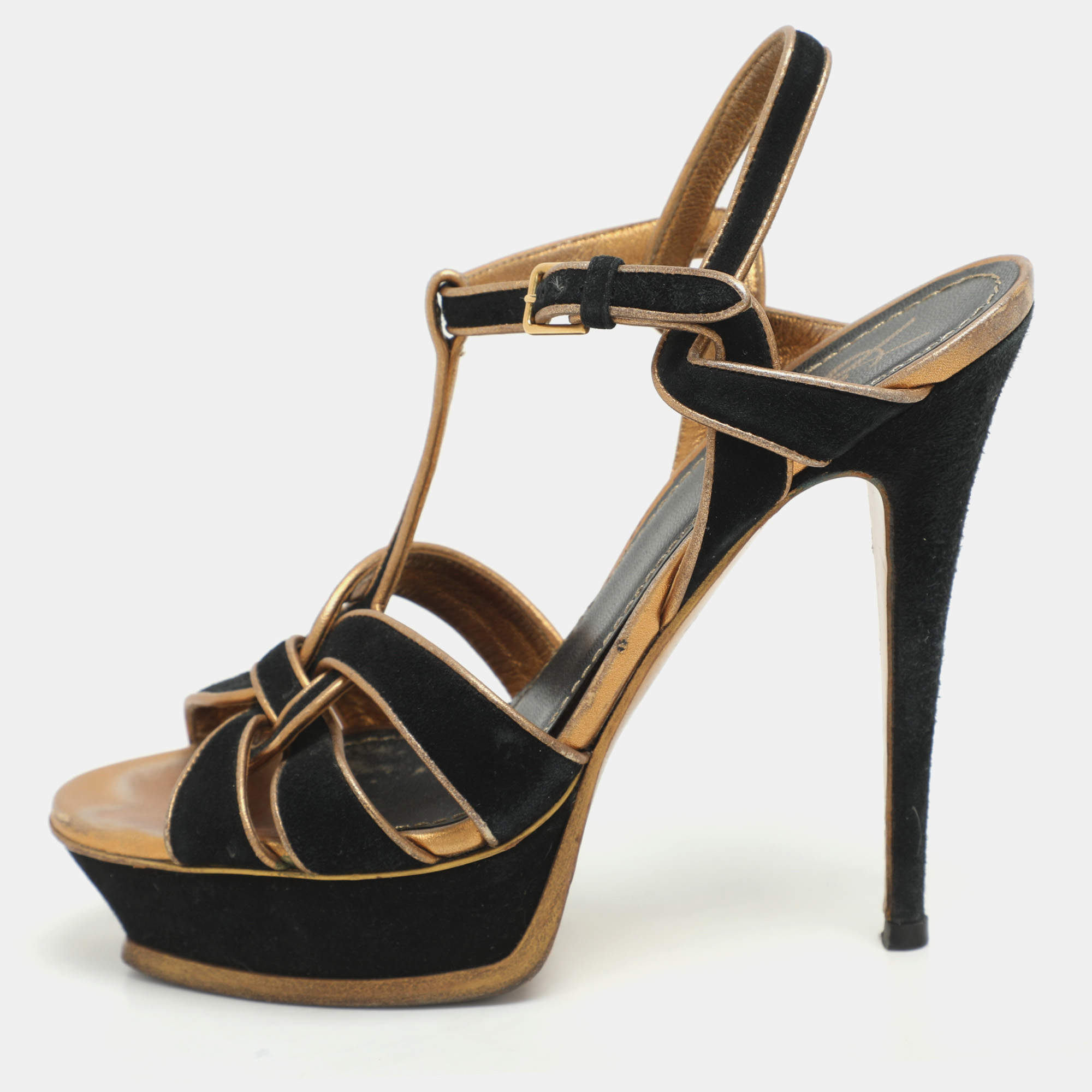 Pre Owned Yves Saint Laurent Black/Gold Leather and Suede Tribute Ankle Strap Sandals Size 39