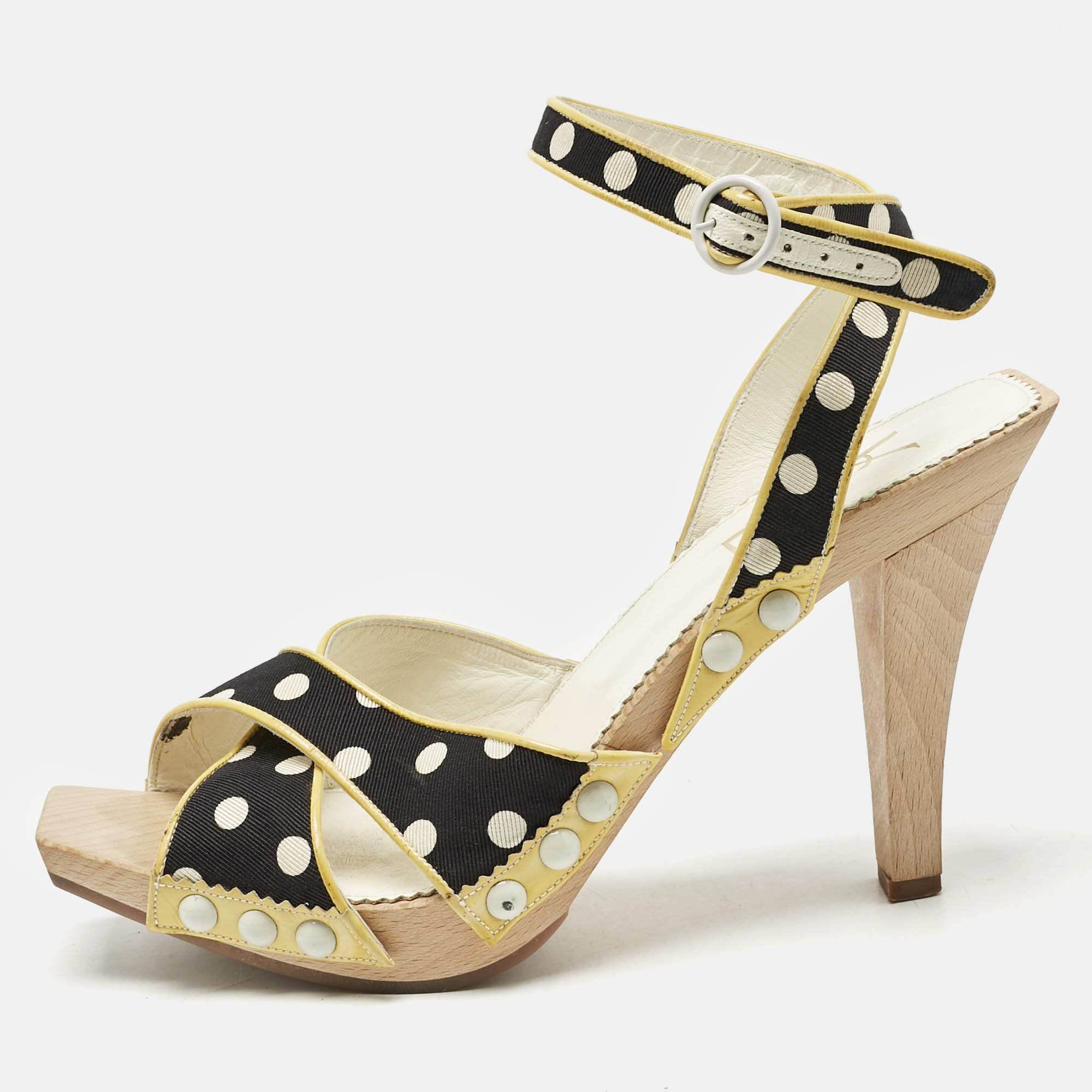 Pre Owned Saint Laurent Cream/Black Polka Dot Printed Fabric And  Leather Wooden Sandals Size 39