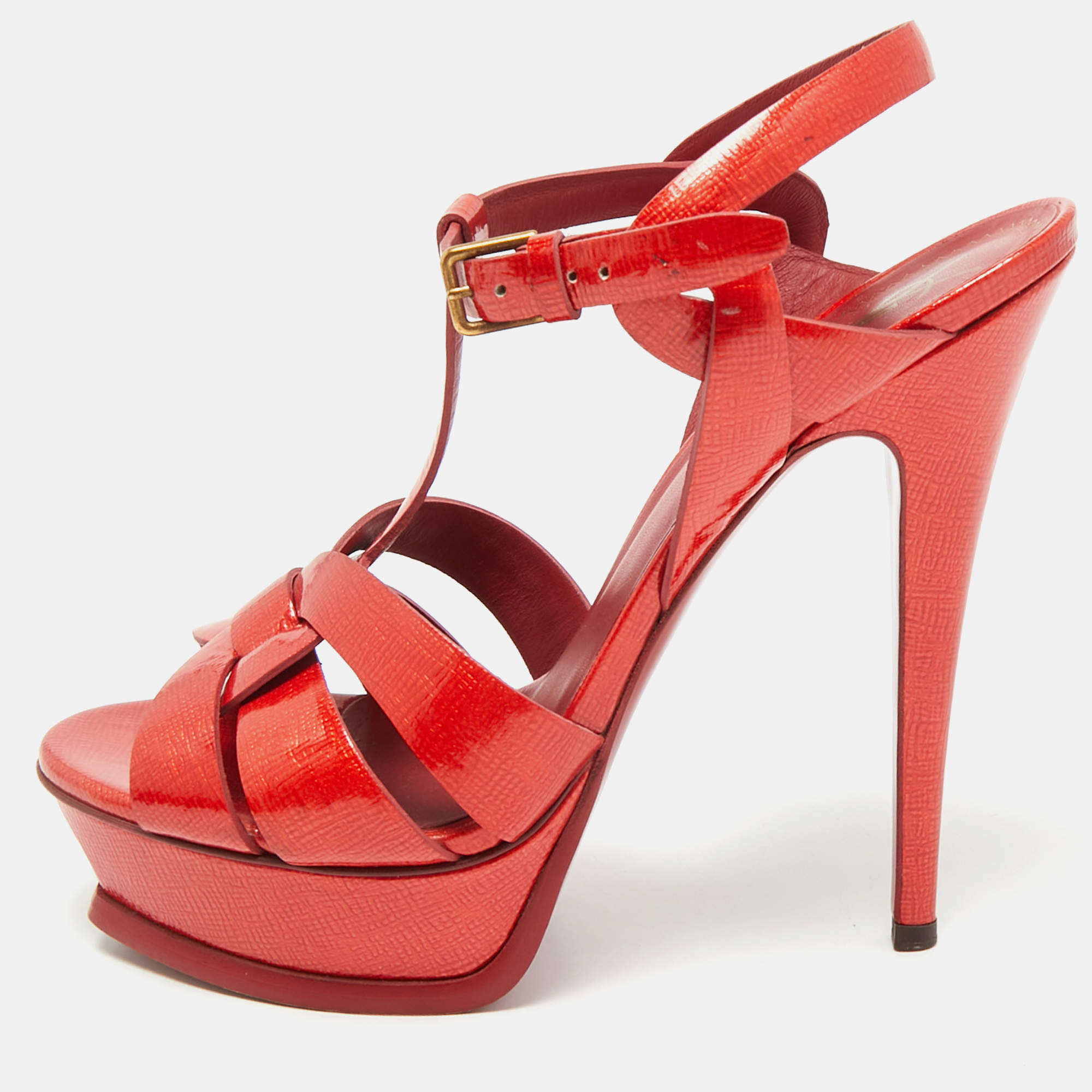 Pre Owned Yves Saint Laurent Red Patent Leather Tribute Platform Sandals Size 38