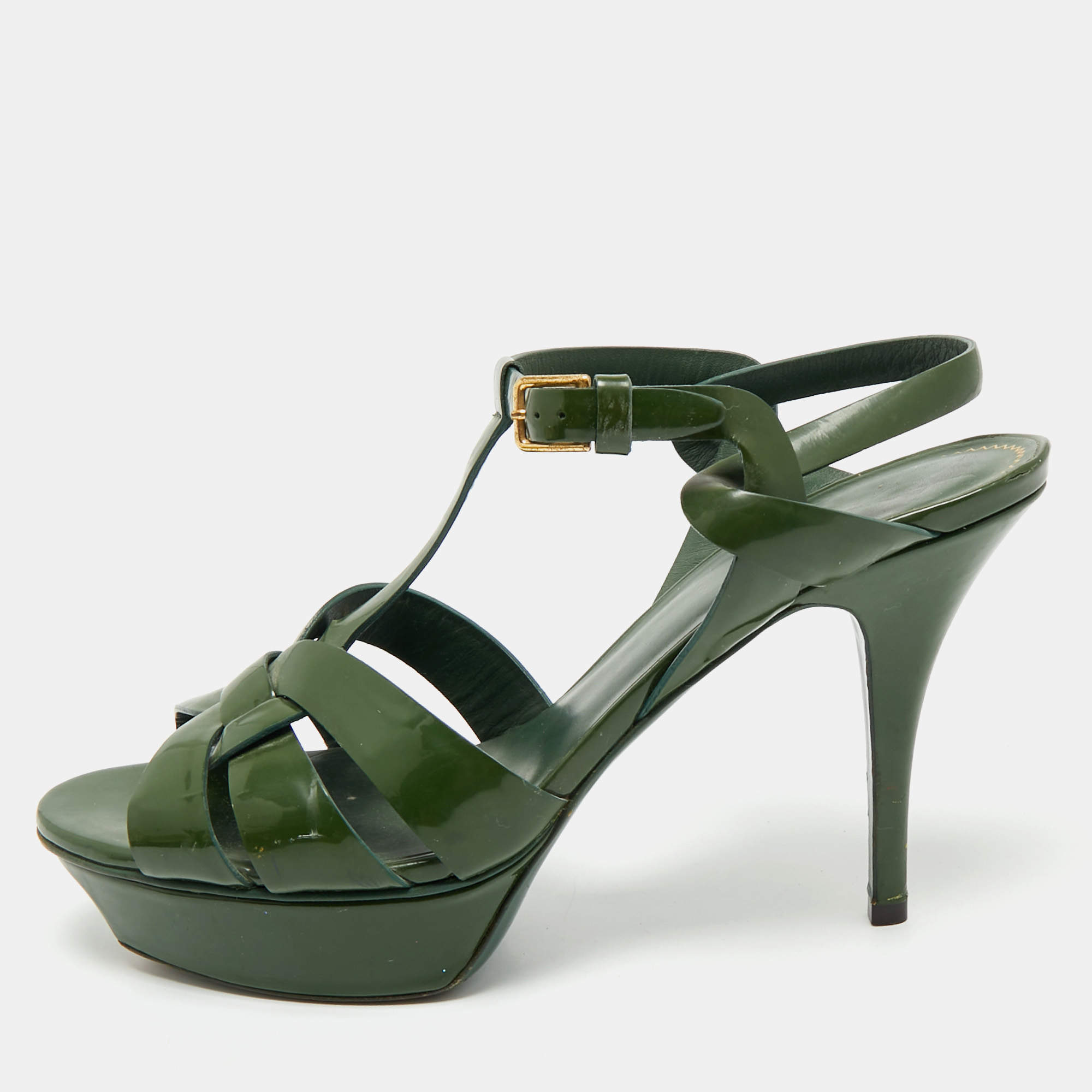 Pre Owned Yves Saint Laurent Green Patent Leather Platform Sandals Size 40