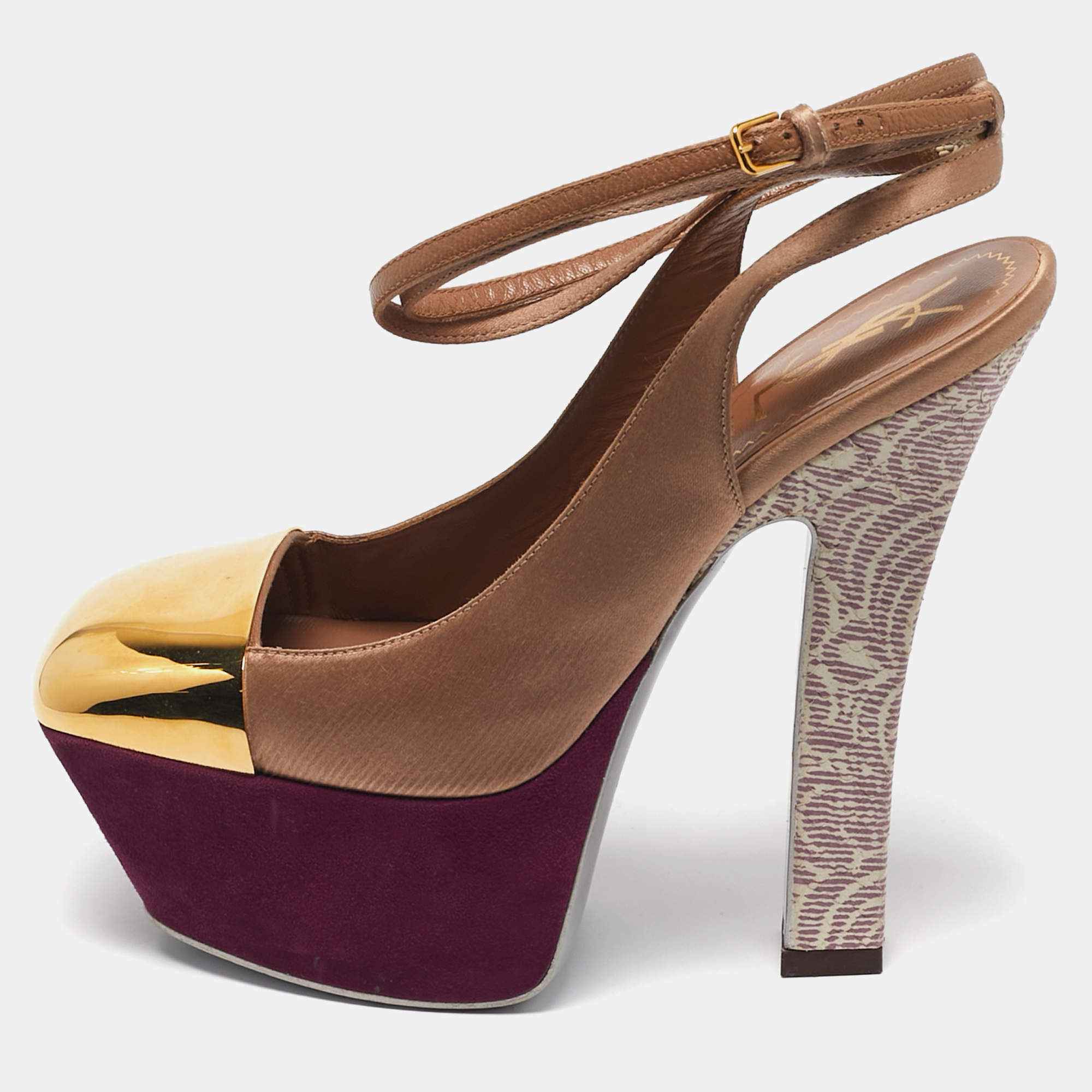 Pre Owned Yves Saint Laurent Tricolor Leather and Satin Platform Pumps Size 35