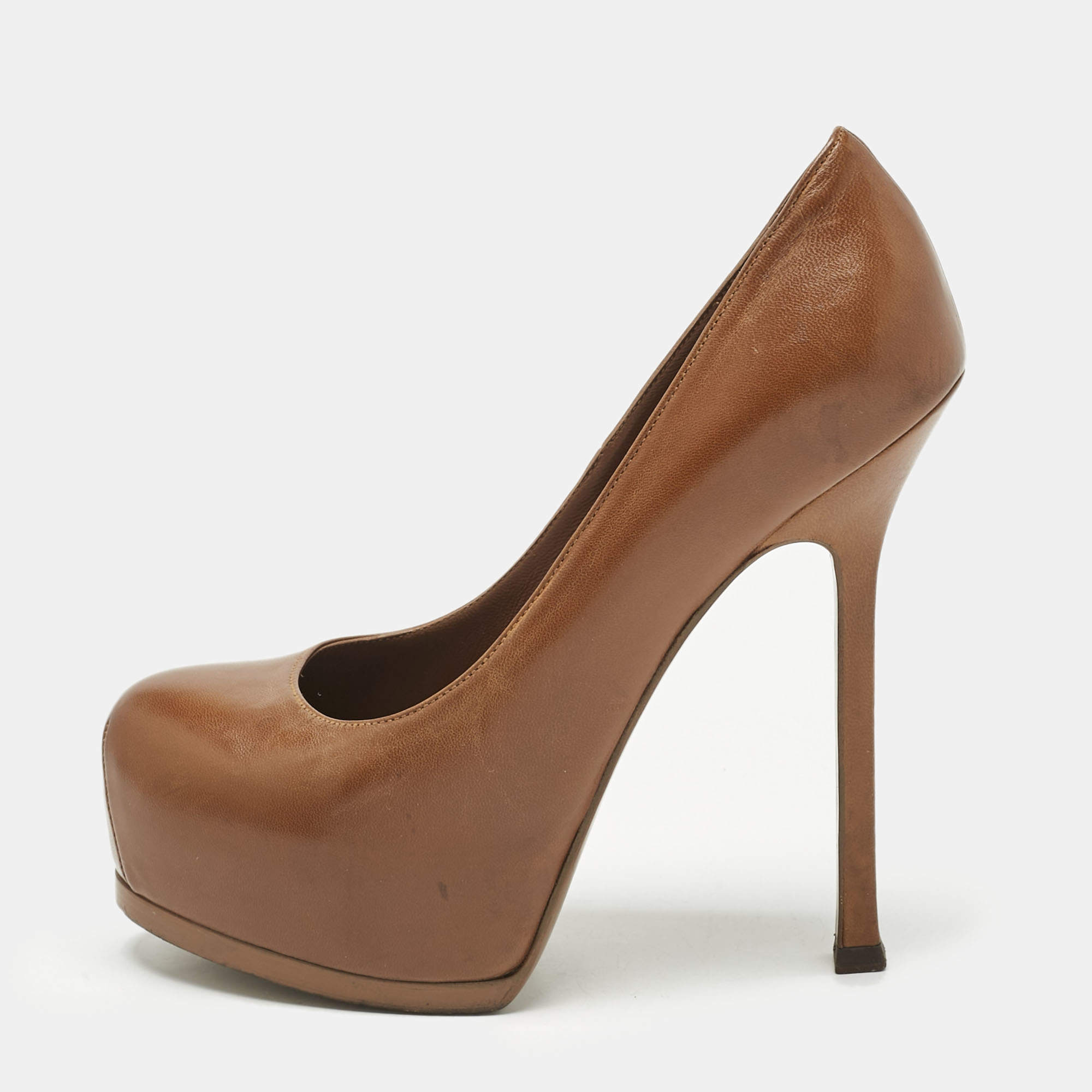 Pre Owned Yves Saint Laurent Brown Leather Tribtoo Platform Pumps Size 36