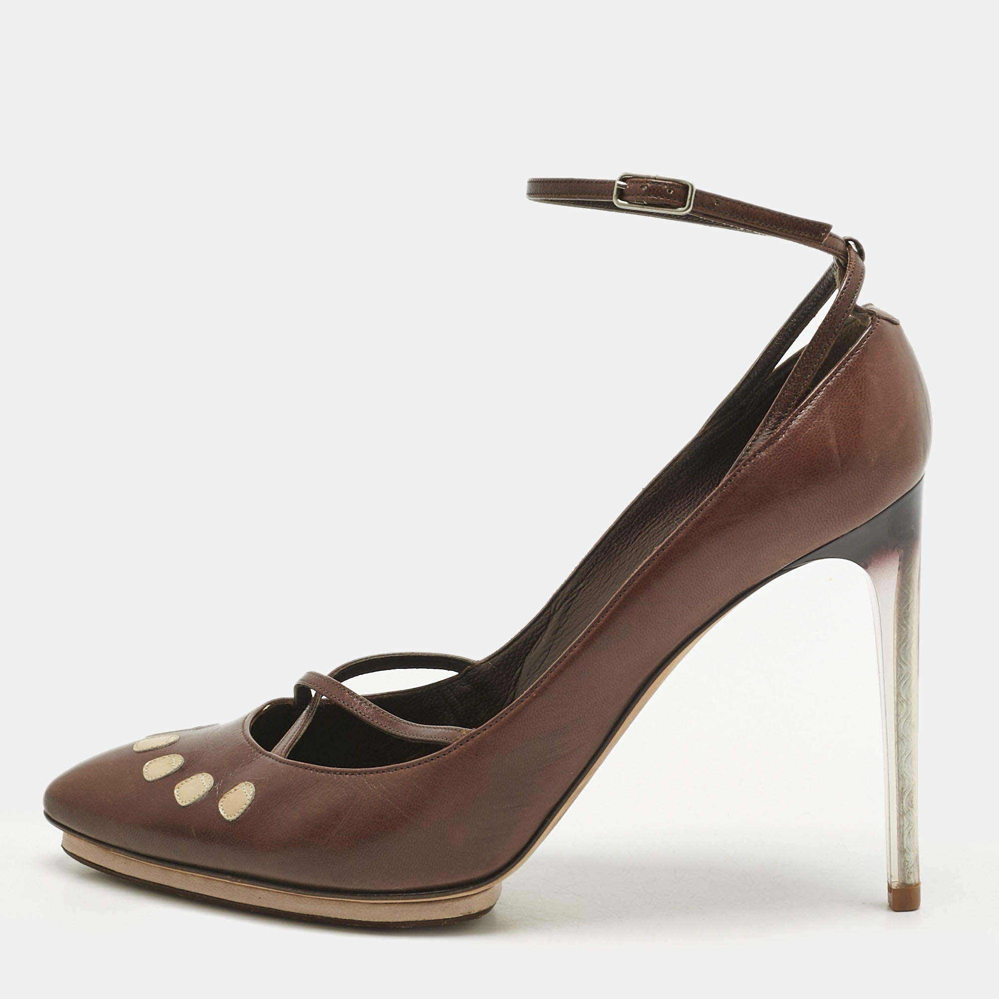 Pre Owned Yves Saint Laurent Brown Leather Ankle Strap Pumps Size 39