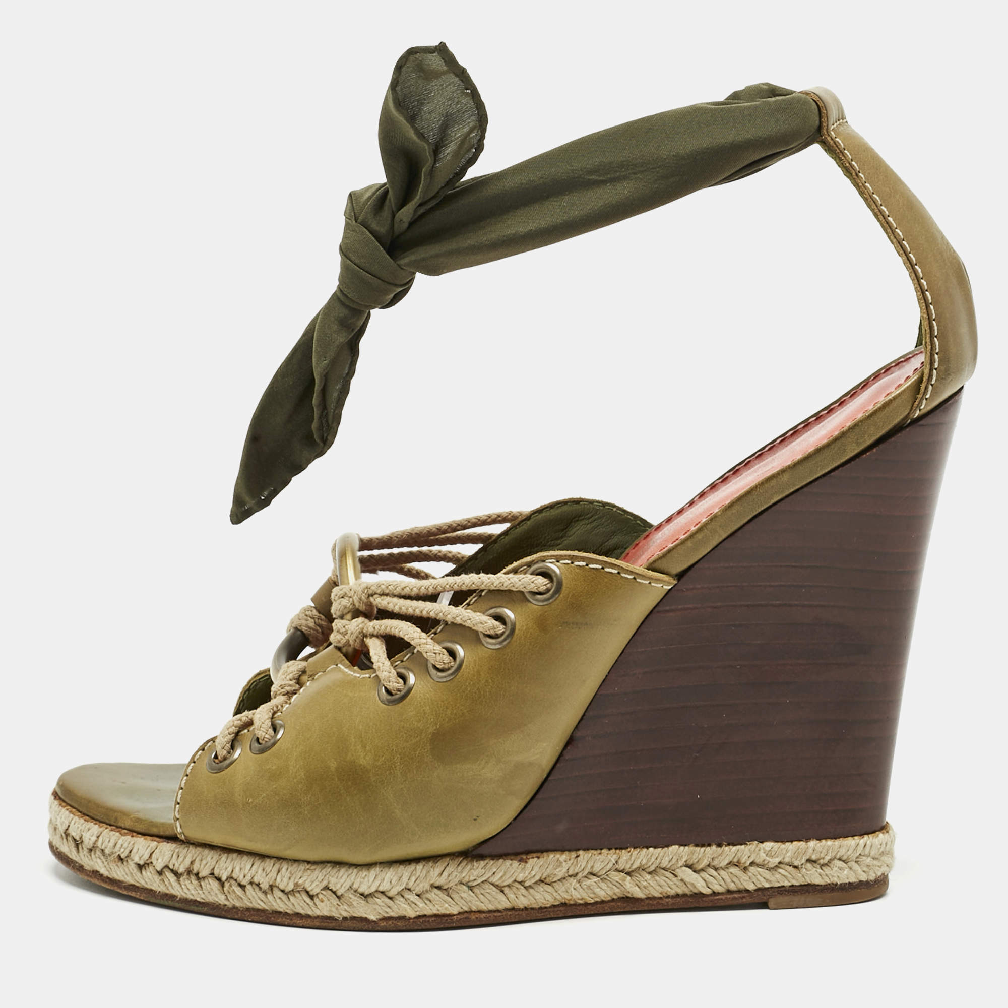 Pre Owned Yves Saint Laurent Green Leather Wedge Sandals Size 39