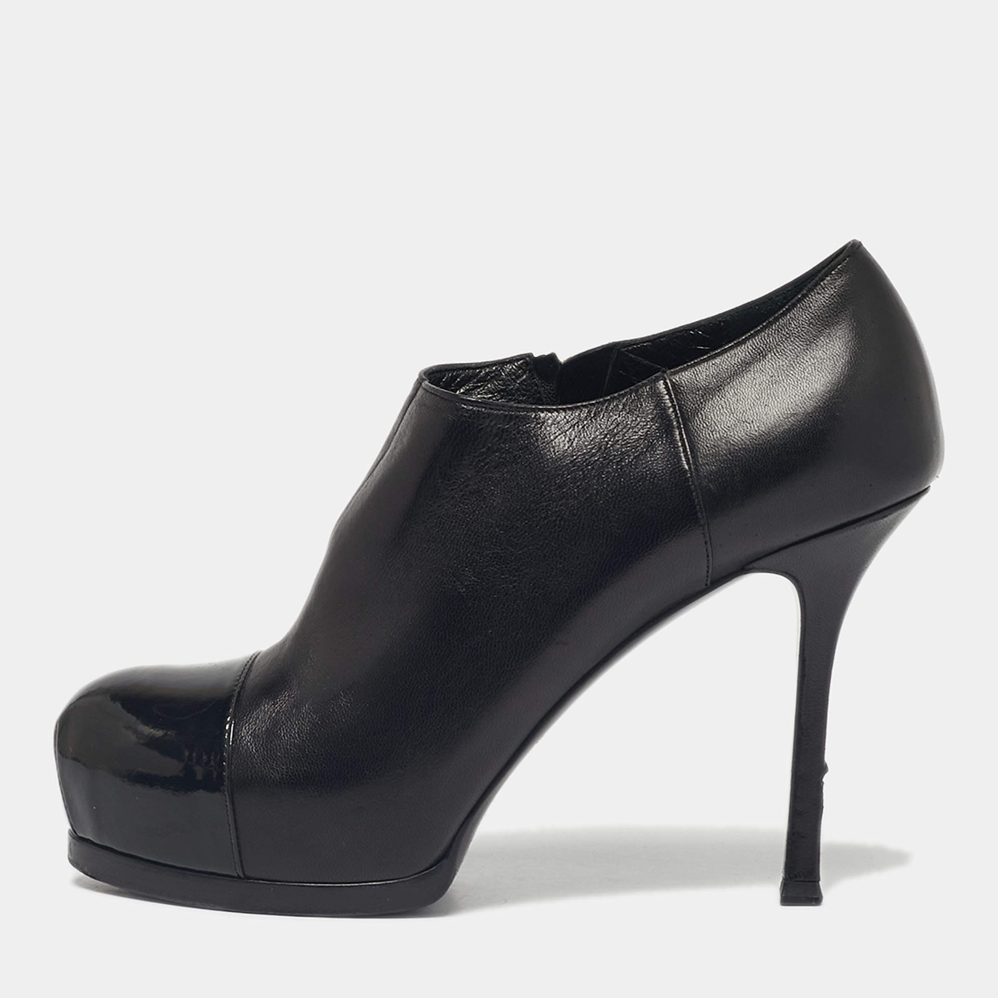 Pre Owned Yves Saint Laurent Black Patent Leather Tribute Booties Size 37.5