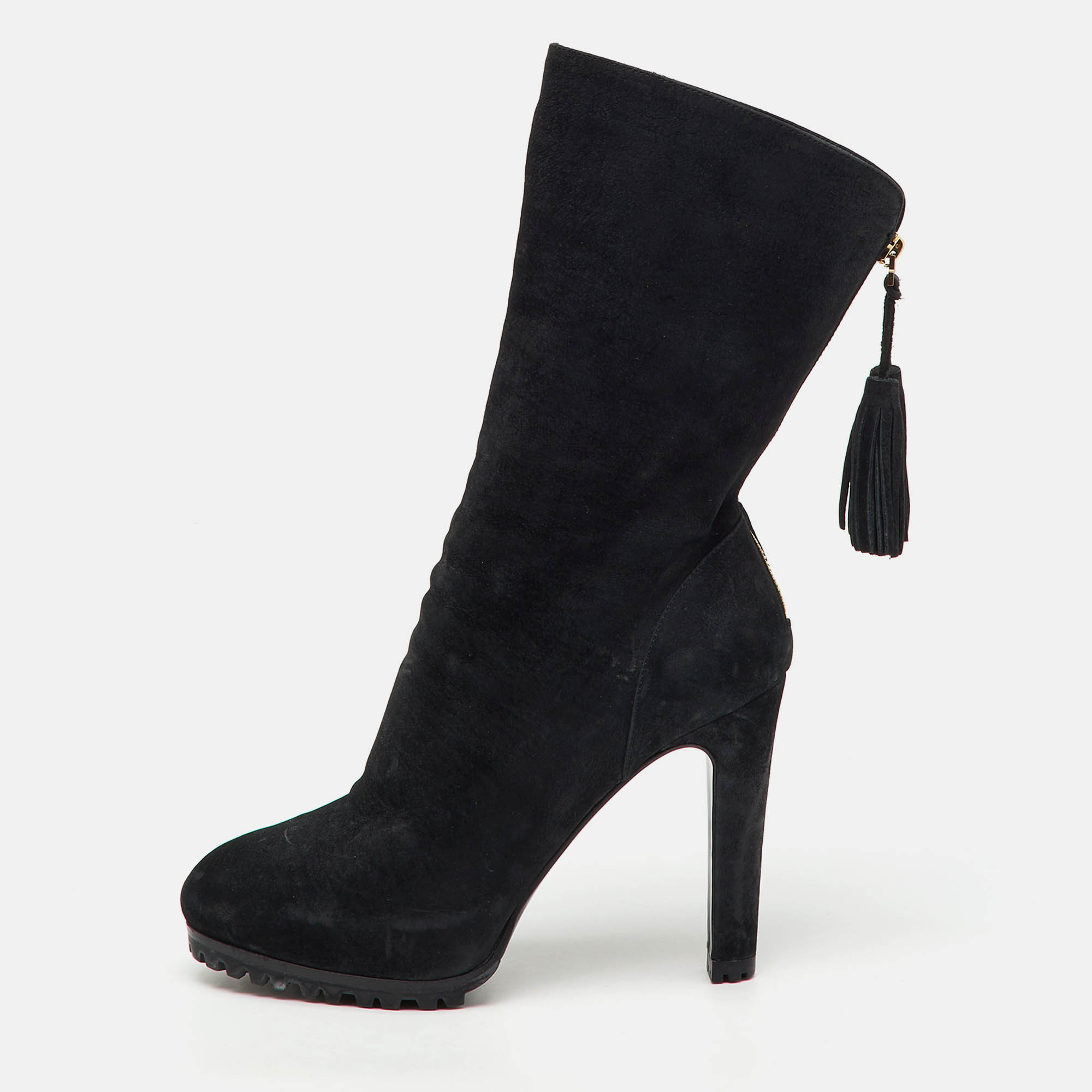 Pre Owned Yves Saint Laurent Black Nubuck Leather Tassel Mid Calf Platform Boots Size 37.5