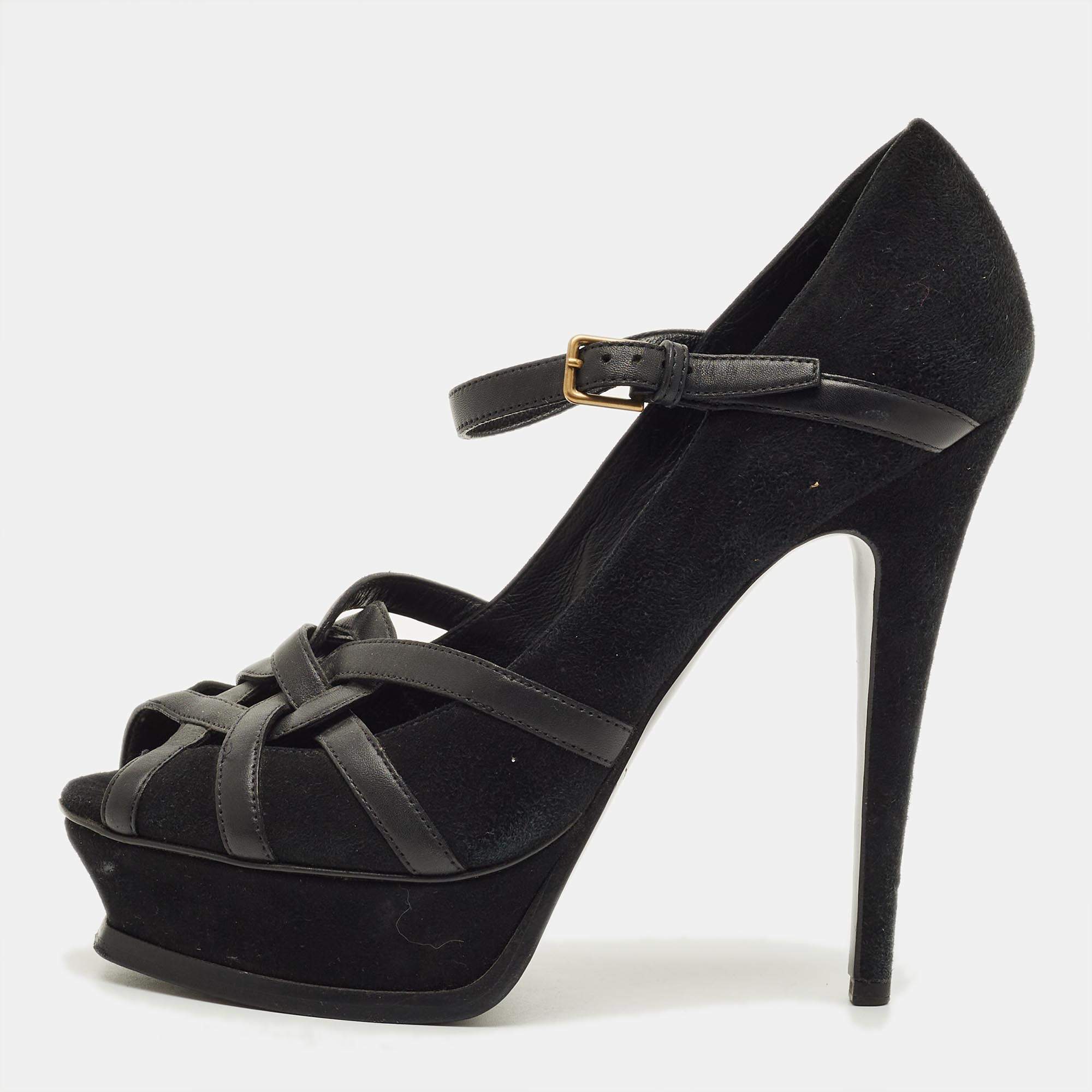مملوكة مسبقًا Yves Saint Laurent Size 38 Black Leather and Suede Strappy Platform Pumps