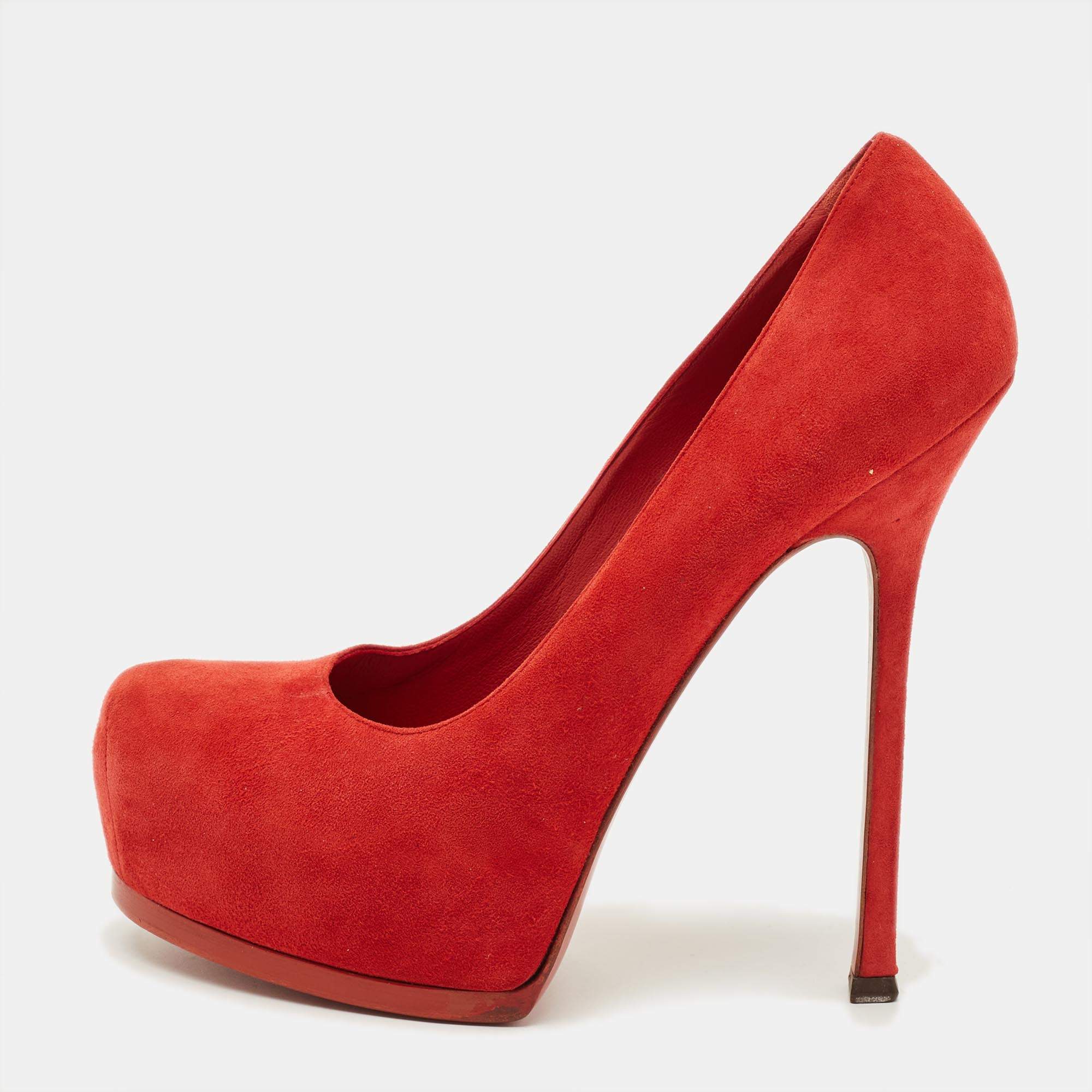 Pre Owned Yves Saint Laurent Tribtoo Size 40 Red Suede Platform Pumps