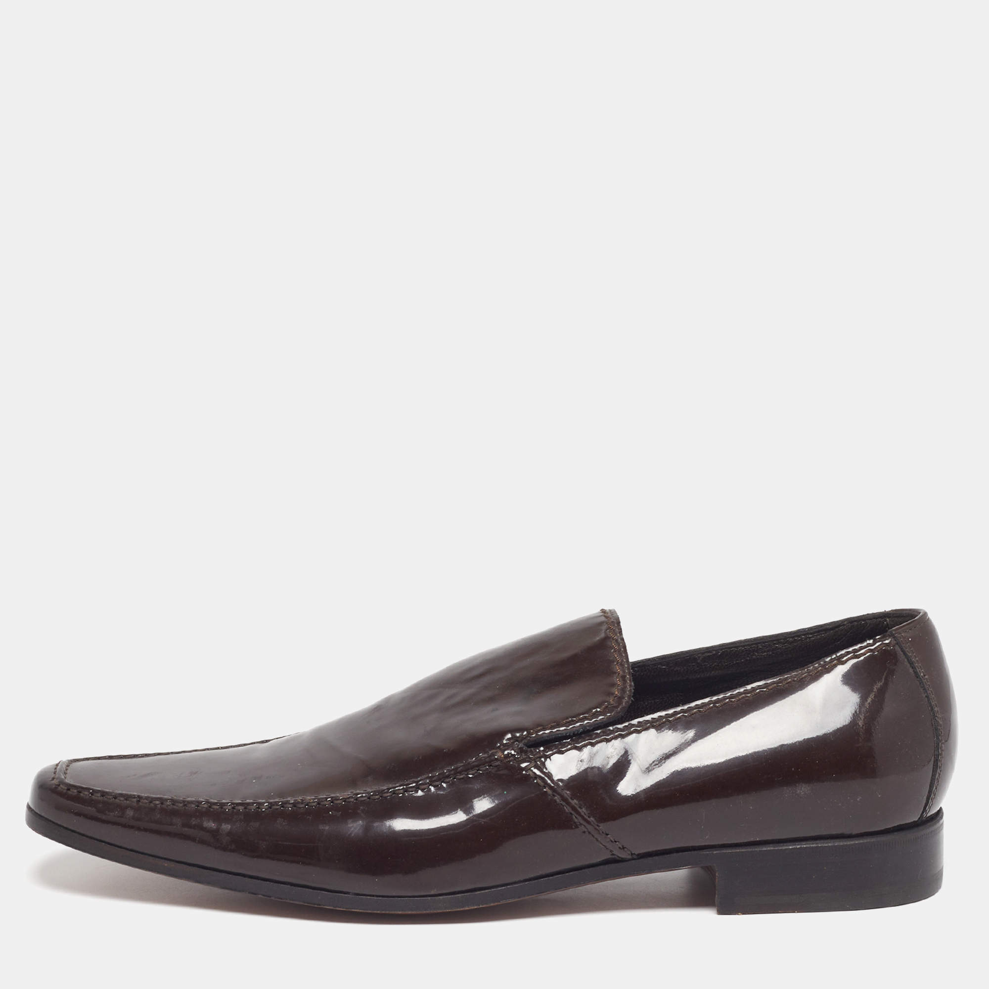 Pre Owned Yves Saint Laurent Size 40 Dark Brown Patent Leather Slip On Loafers