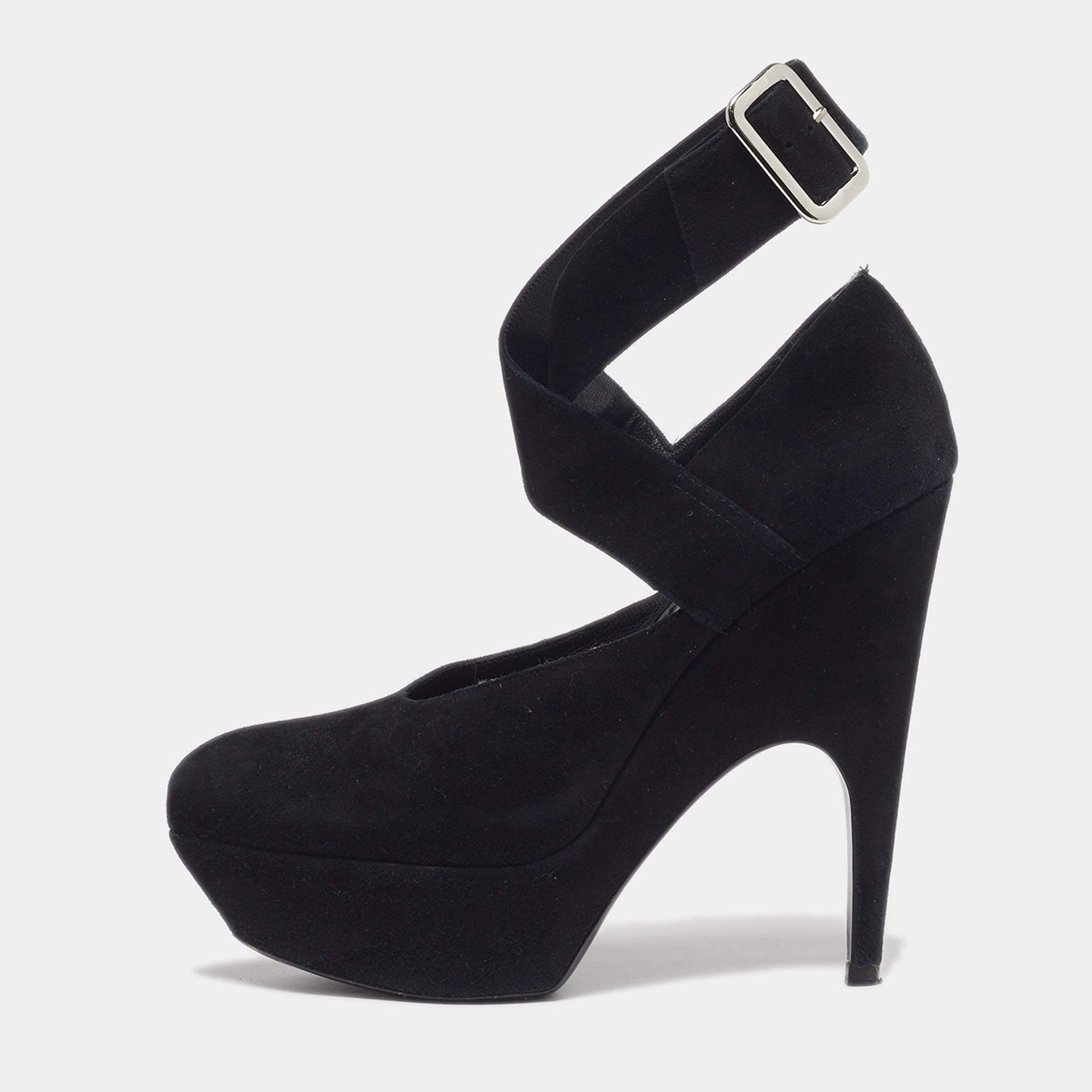 Pre Owned Yves Saint Laurent Size 37 Black Suede Platform Pumps