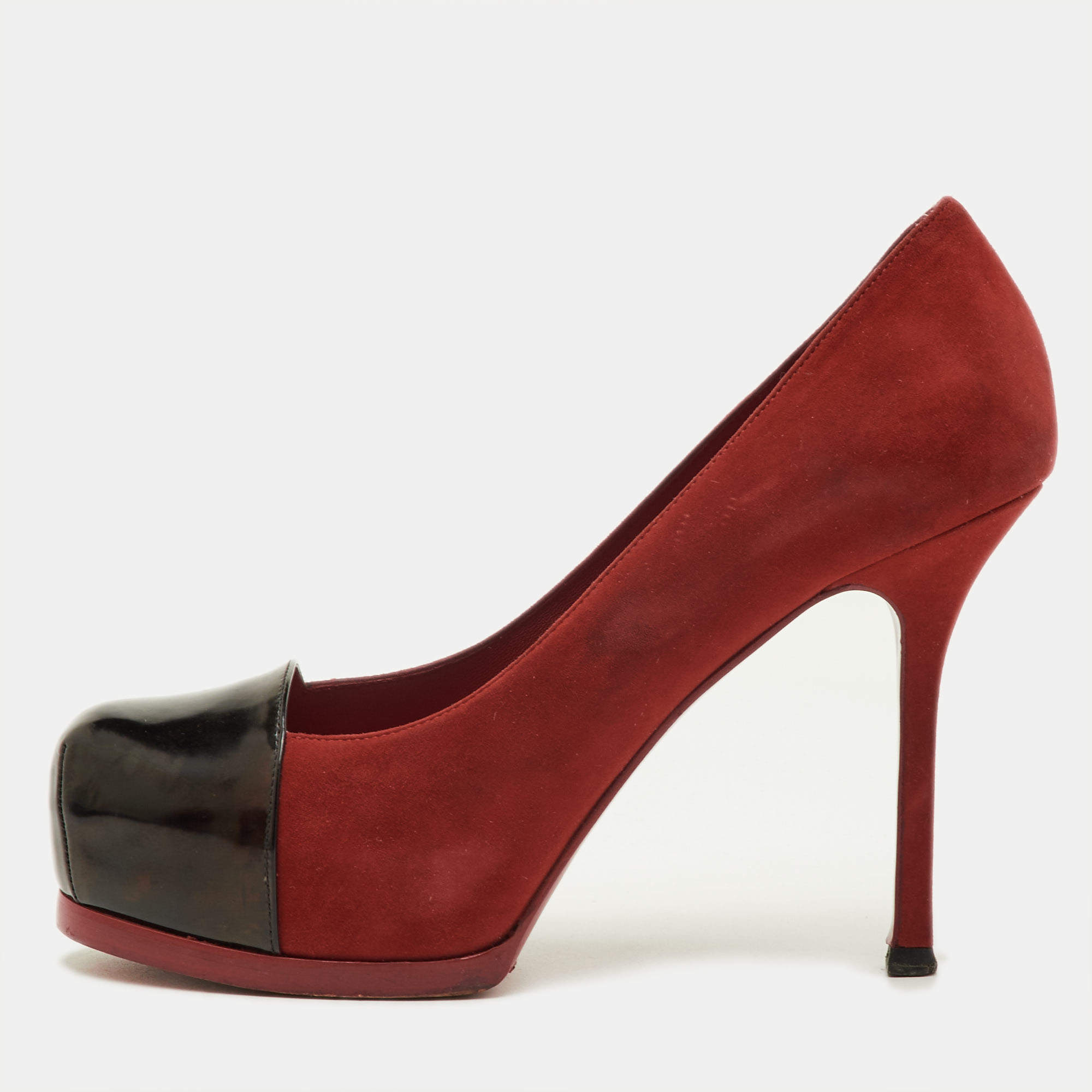 Pre Owned Yves Saint Laurent Tribtoo Size 36 Red/Black Suede and Leather Platform Pumps