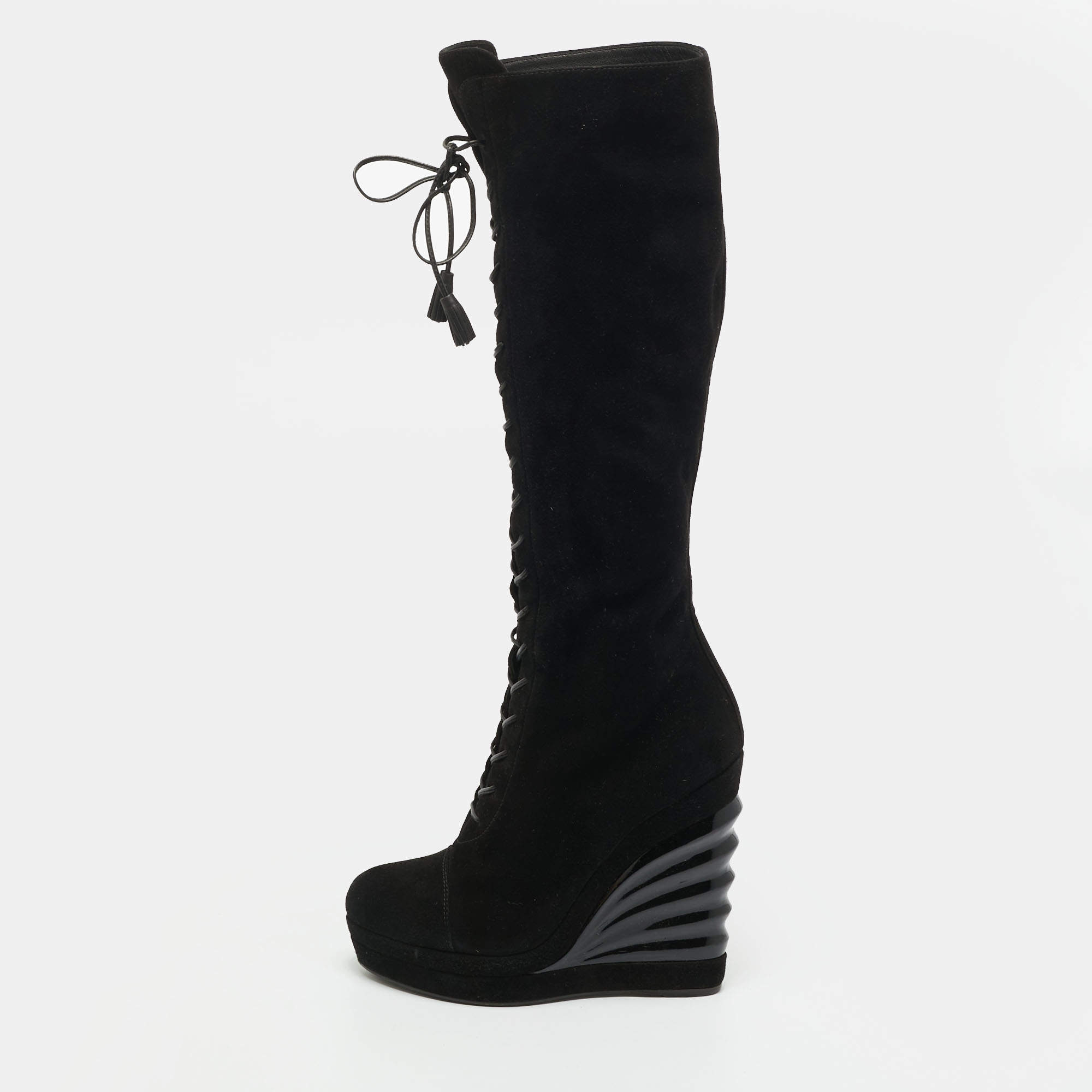 مملوكة مسبقًا Yves Saint Laurent Size 38.5 Black Suede Lace Up Madge Wedge Boots